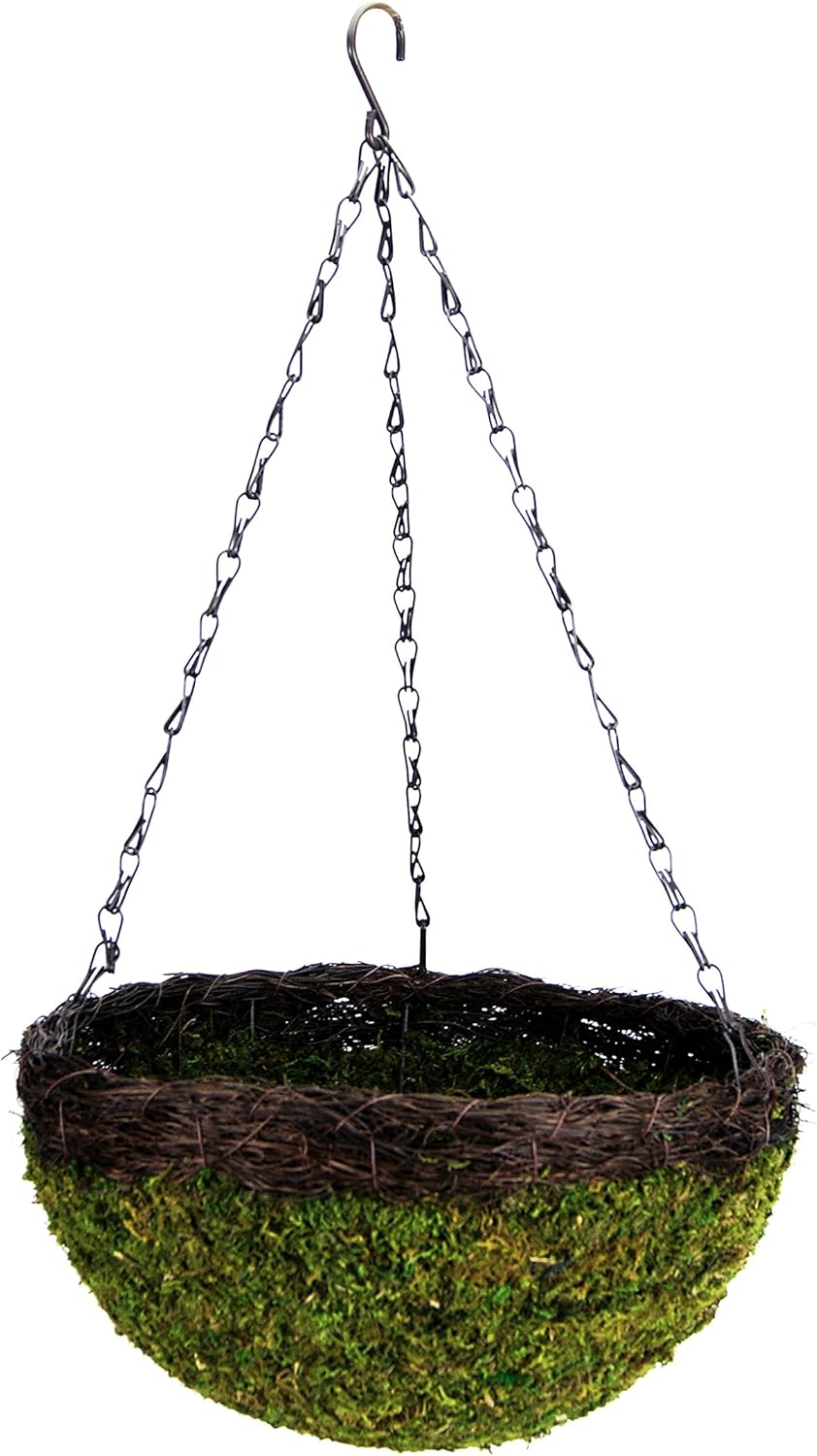 SuperMoss (29319 MossWeave Hanging Basket | Outdoor Hanging Planter with Moss | Decorative Plant Hanger for Porch, Balcony, Garden & Home Décor, Round with Wicker Rim, Set of 3 (S/M/L), Green