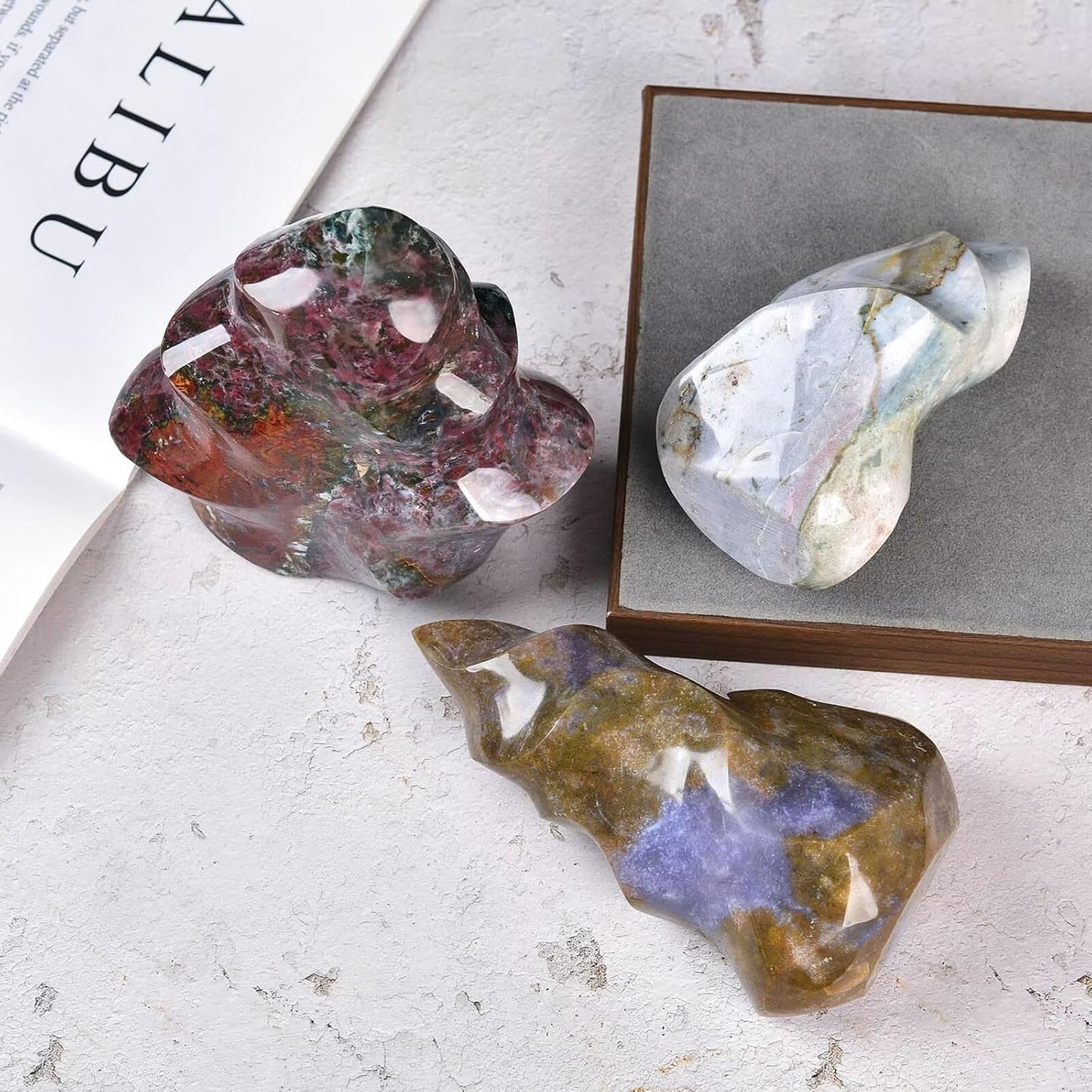 AMOYSTONE Ocean Jasper Flame Shaped Stone Towers Obelisk Natural Healing Crystal Quartz Reiki Energy Decoration Home Office Decor 2.8-3.3LBS