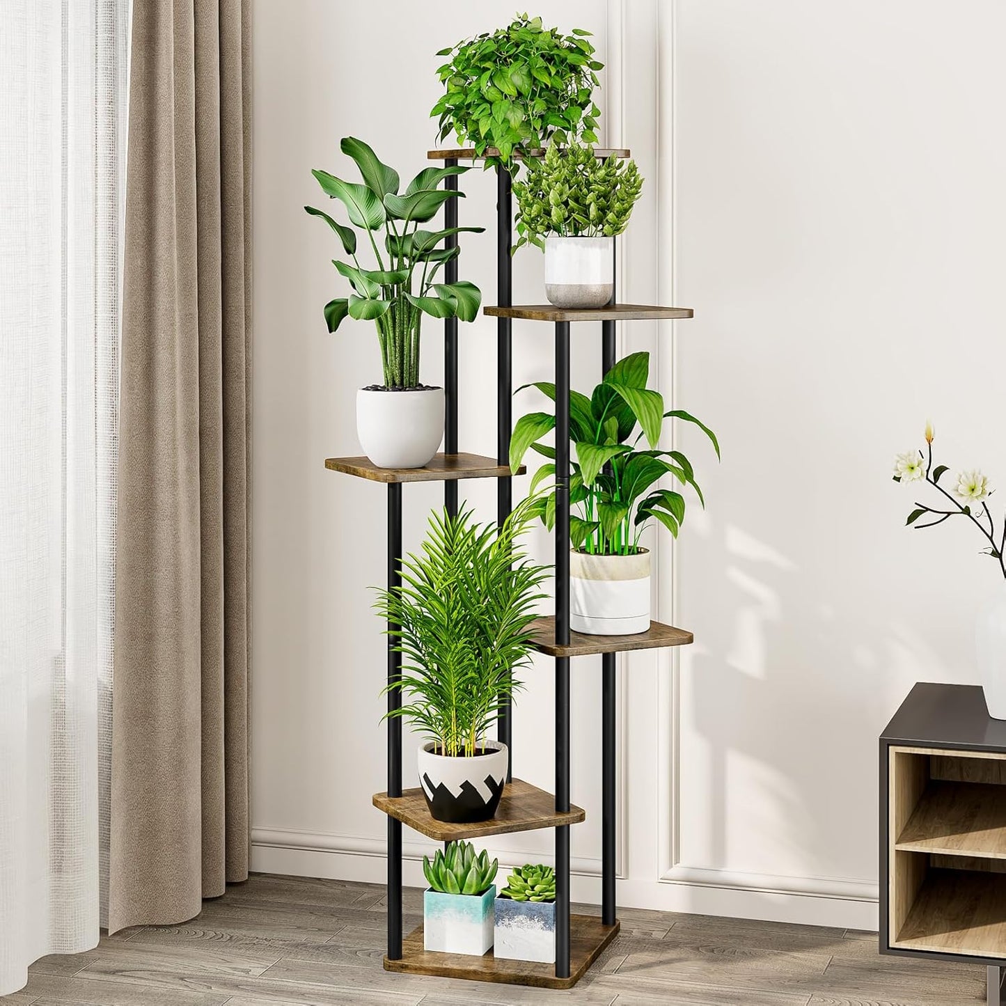 AZERPIAN Plant Stand 6 Tier Indoor Metal Flower Shelf for Multiple Plants Corner Tall Flower Holders for Patio Garden Living Room Balcony Bedroom, Black