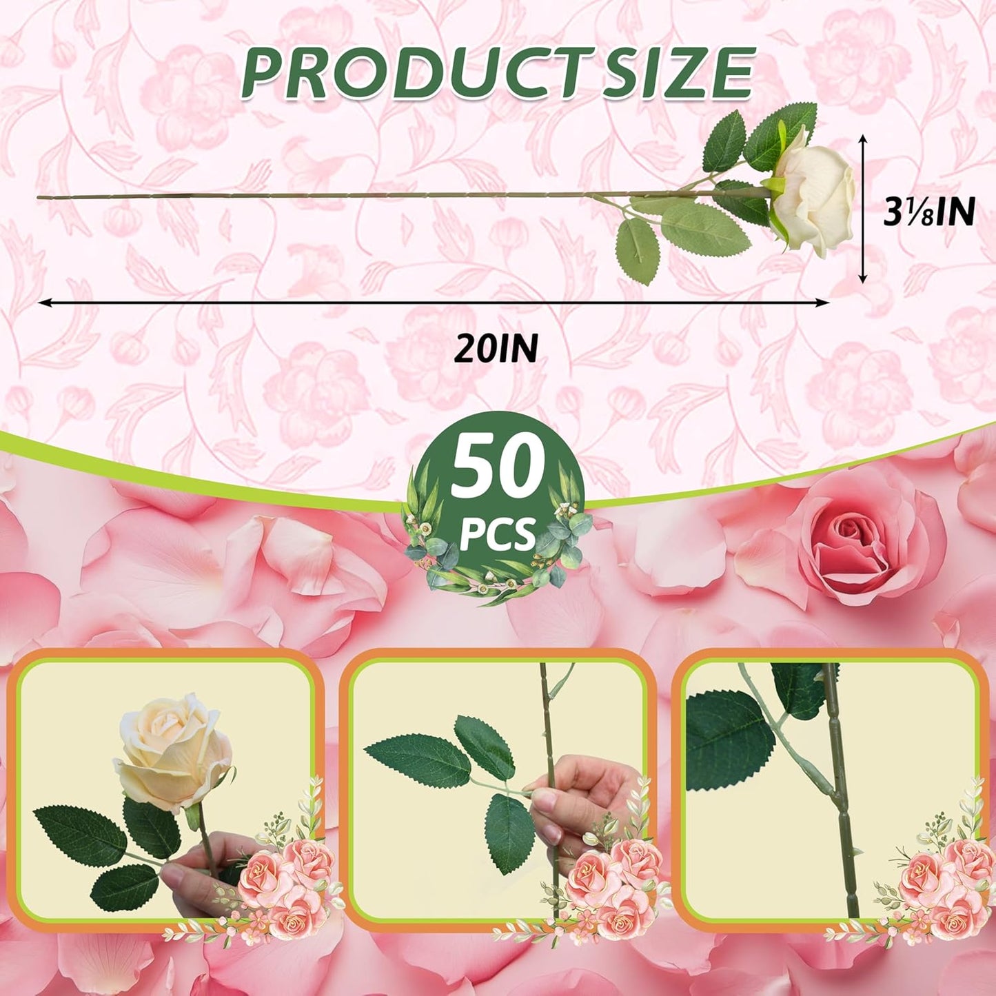 50 PCS Fake Champagne Roses, Artificial Flowers Bulk Realistic Silk Faux Rose with Stems for Wedding Decorations, Bridal Bouquets, Mother's Day Thanksgiving DIY Floral and Home Decor