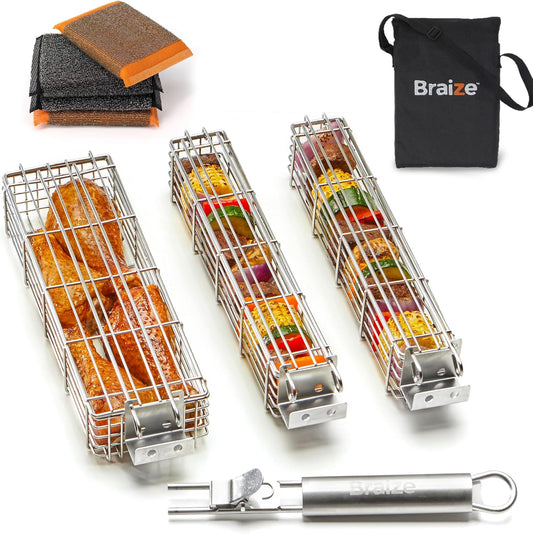 Large Grilling Basket Set – 3 Stainless Steel Kabob Baskets with Removable Handle & Scrubber Sponge – Heavy-Duty Grill Accessory for Veggies, Meat & More