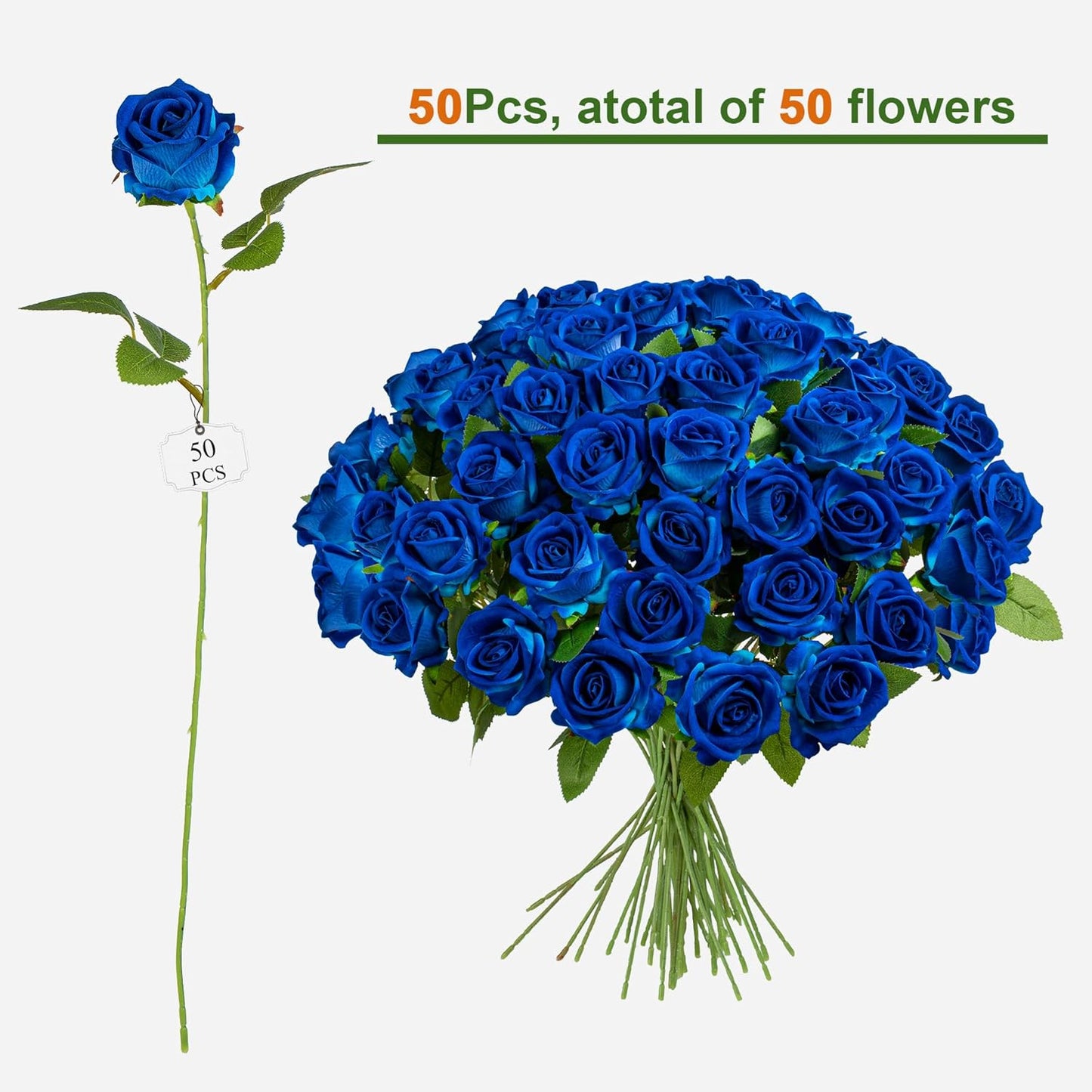 Fake Plants Roses Flowers Plastic Flowers Spring Decorations for Home Gifts for Gf Roses Artificial Flowers for Vase Fake Flowers Home Decor Fake Plant 19.6"(50PCS Blue)
