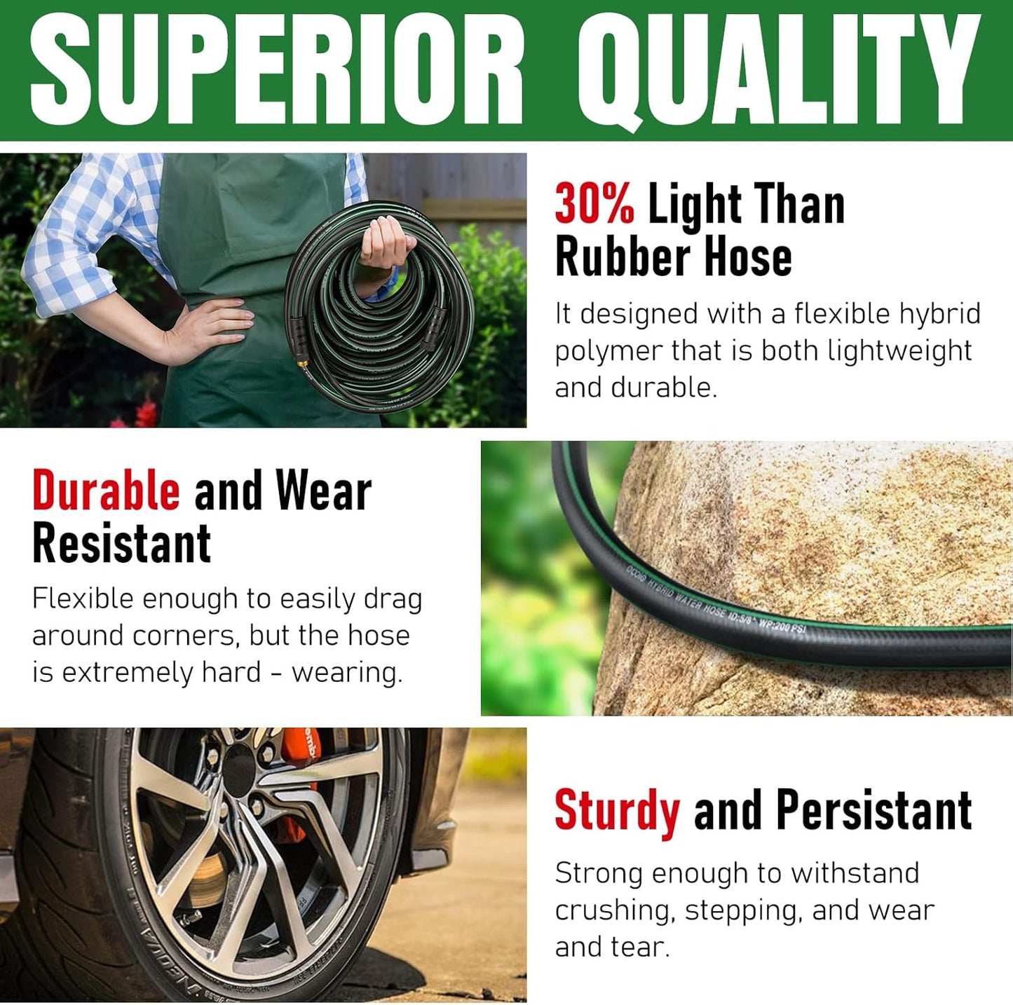 Heavy Duty Garden Hose 75ft, NON-EXPANDABLE Flexible Water Hose, Kink Resistant Lightweight Hybrid Hose, Leakproof Hose Male to Female Fittings