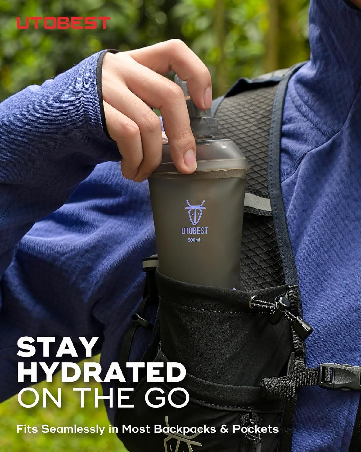 UTOBEST 500ml Soft Flask, 2 Pack Flexible TPU Hydration Water Bottle, Collapsible with 28mm Caliber for Running, Hiking, Cycling, Climbing, and Marathon Purple