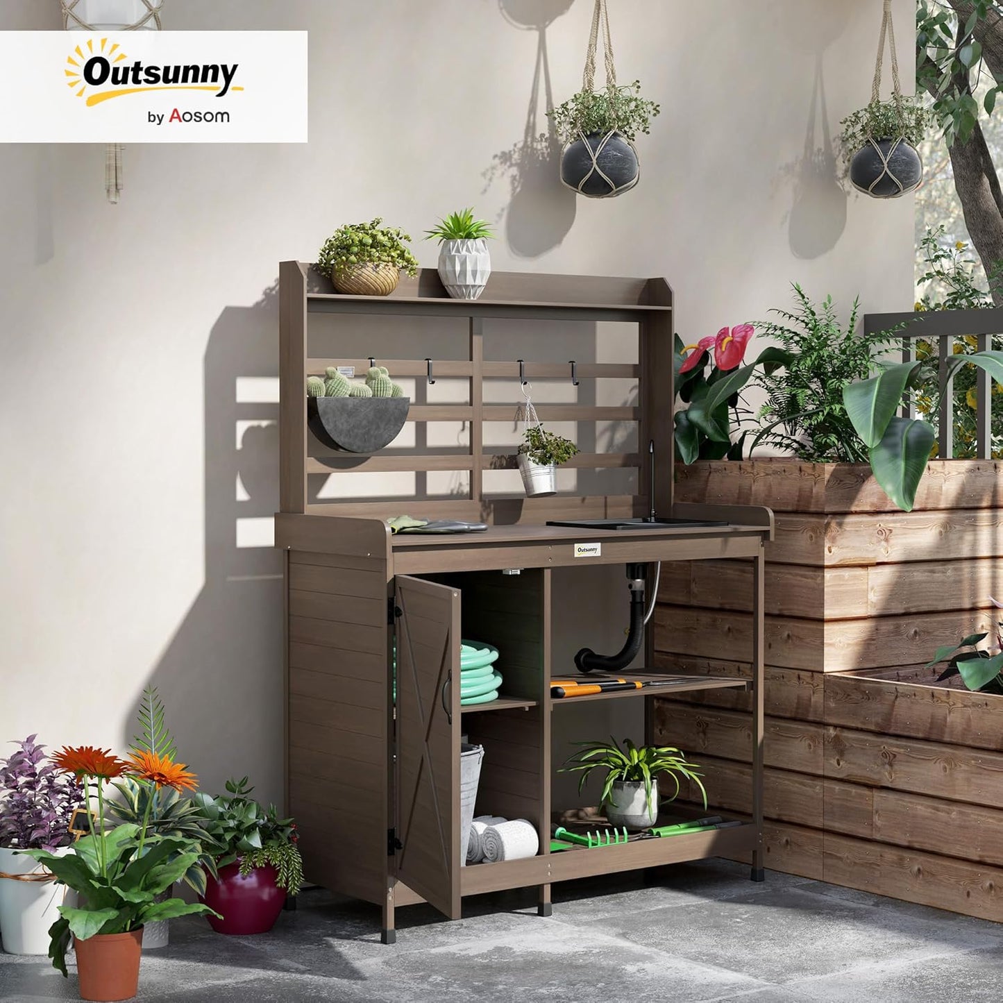 Outsunny Outdoor Wooden Potting Bench Table with Sink and Water Tap, Garden Workstation with Storage Cabinet, Storage Shelves for Backyard, Patio, Balcony, Dark Brown