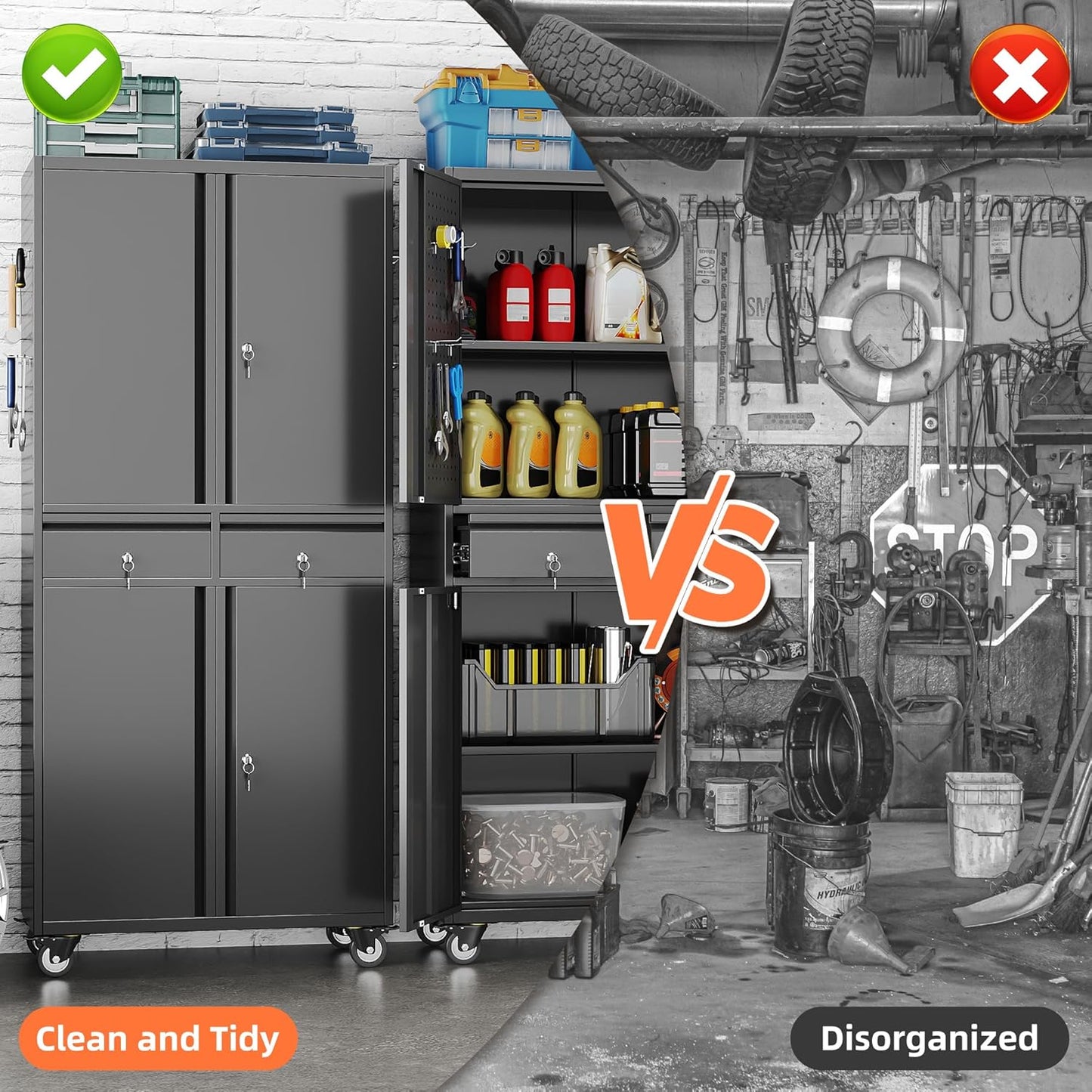 Aobabo Metal Storage Cabinet with Wheels and 2 Locking Drawers, Steel Rolling Tool Cabinet with 8 Hooks and 2 Adjustable Shelves for Garage, Home, Office, Kitchen, Assembly Required, Black