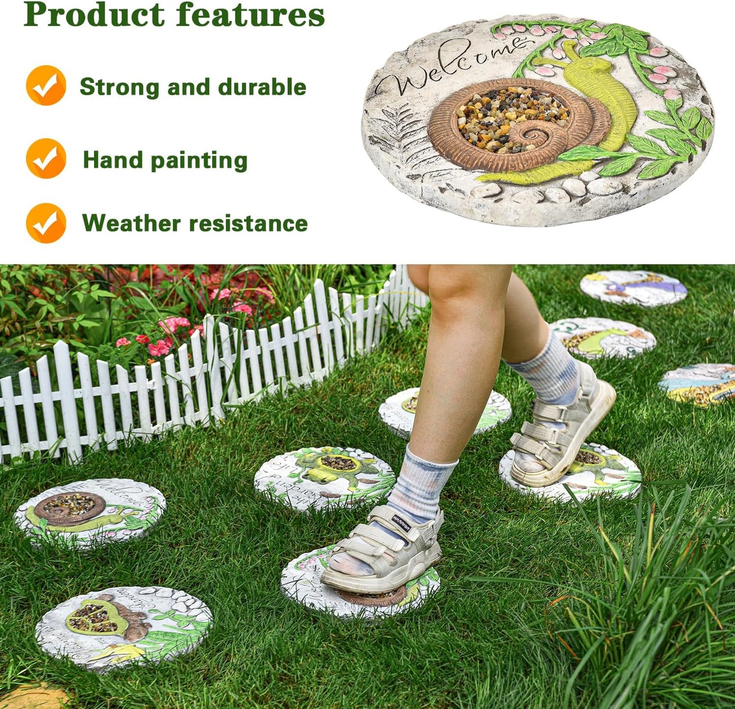 Sungmor 3PC Pretty Garden Stepping Stones, 9.8" Large Concrete Decorative Stones with Beautiful Pattern, Unique Outdoor Lawn Accents, Yard Walkway Flower Bed Wall Shelf Welcome Friends Decorations