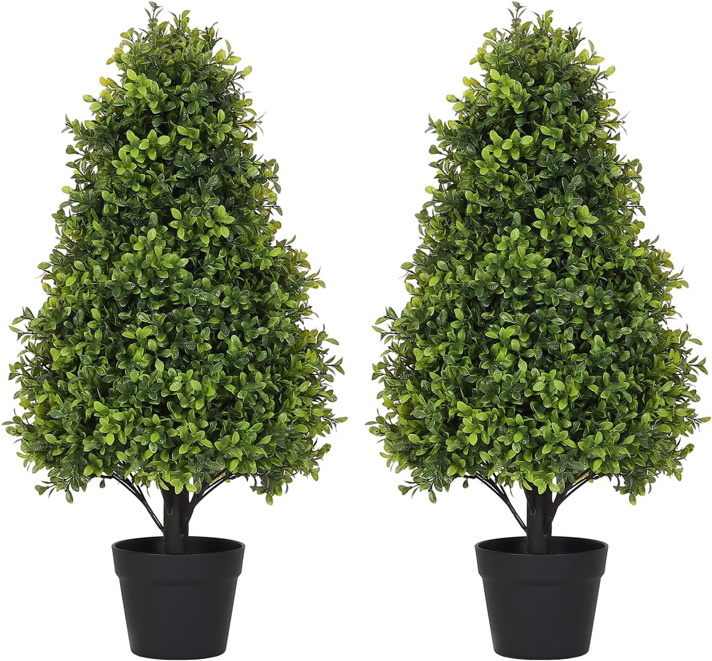 30" Artificial Boxwood Faux Plants Outdoor, UV Resistant Topiary Trees Realistic Cone-Shaped Fake Bushes and Shrubs Potted Fakeplants Set of 2 for Front Porch Patio Outside Planter Decor