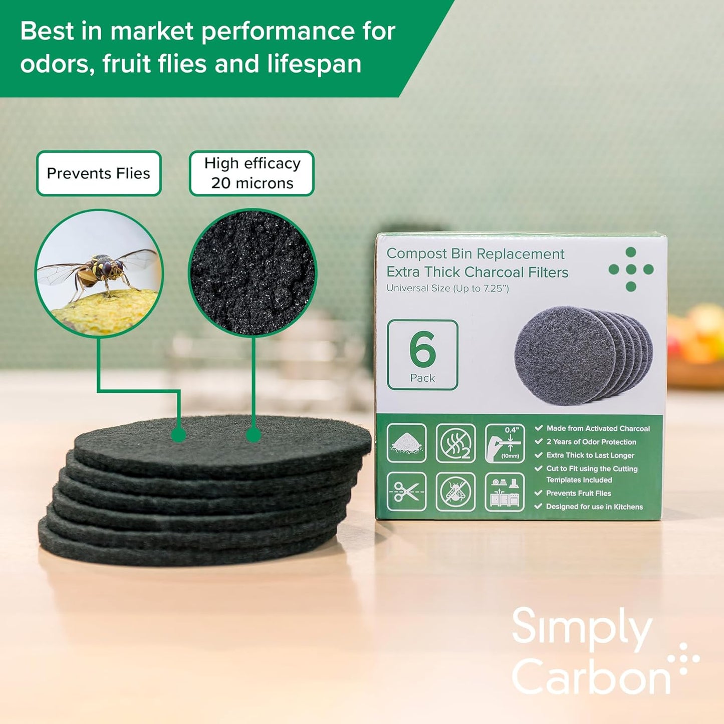2 Years Supply Extra Thick Filters for Kitchen Compost Bins - Longer Lasting Activated Charcoal - Universal Size Fits ALL Compost Bins up to 7.25" Filter Size - Replacement Set of 6 (by Simply Carbon)