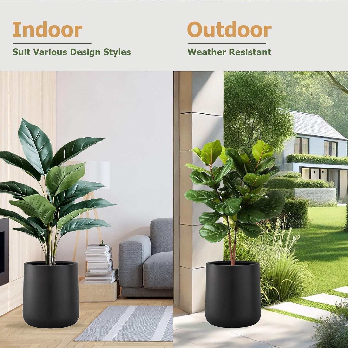 15.3" H x 15" D Conico Fiberstone Round Planter with Drainage Hole, Smooth Finishes, Weather Resistant for Indoor and Outdoor Use, Included 2 Extra Coco Mats (Black, 11.7" Pot Opening)