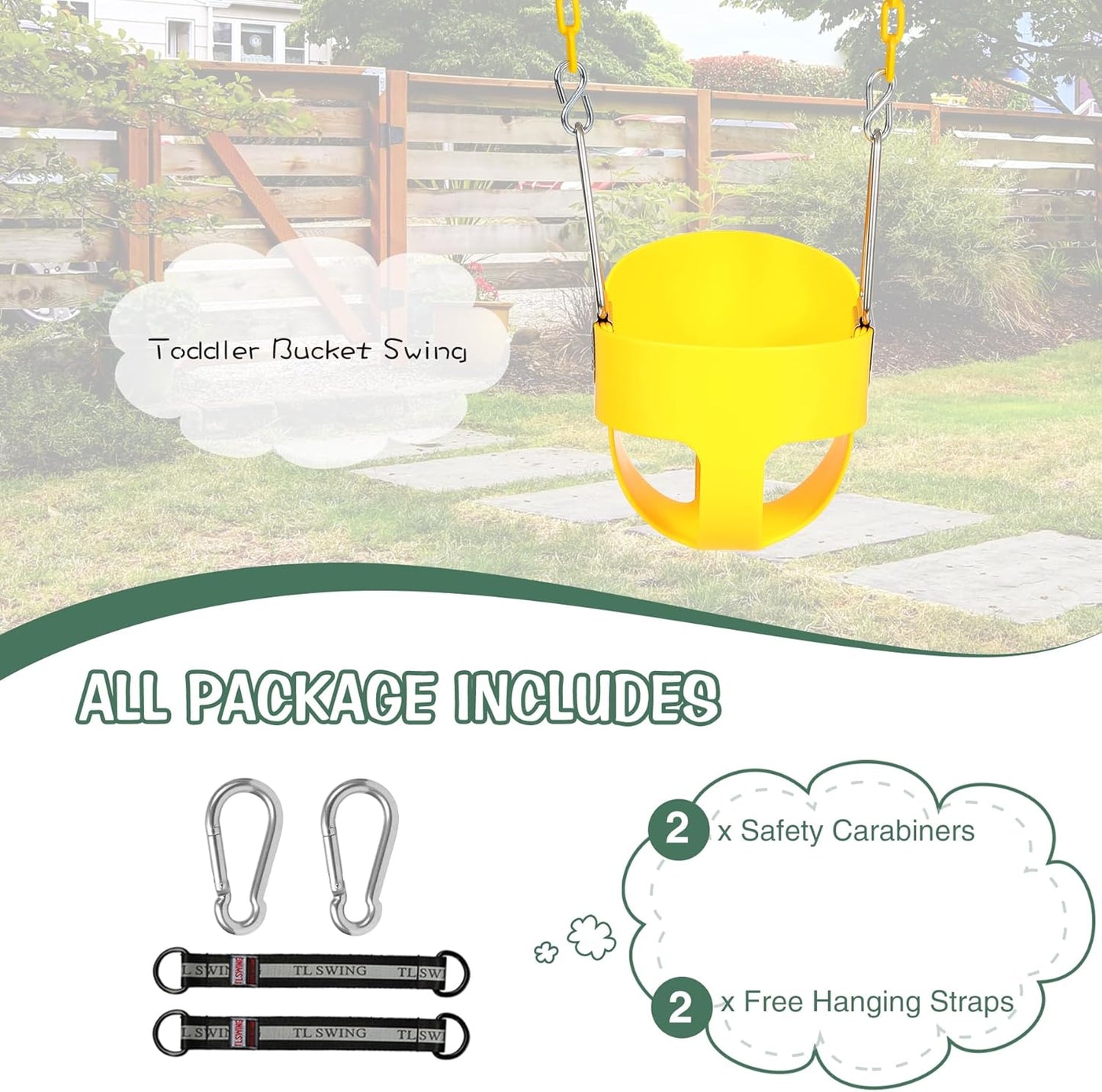 Heavy-Duty Toddler Swing with Coated Safety Chains-High Back Bucket Seat Includes Tree Straps,Hooks for Backyard, Playground,Outdoor Use (Yellow)