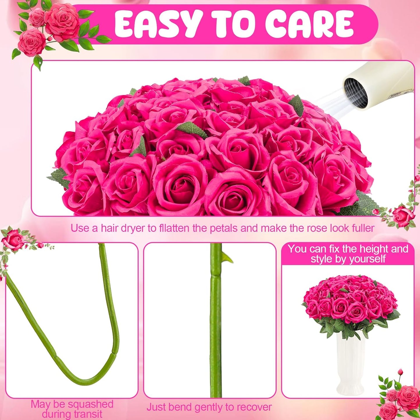 36 Pcs Hot Pink Artificial Roses with Long Stems, Fake Silk Rose Artificial Flowers Bulk for Bridal Wedding Bouquet Centerpiece Ball Arrangement Party Decor