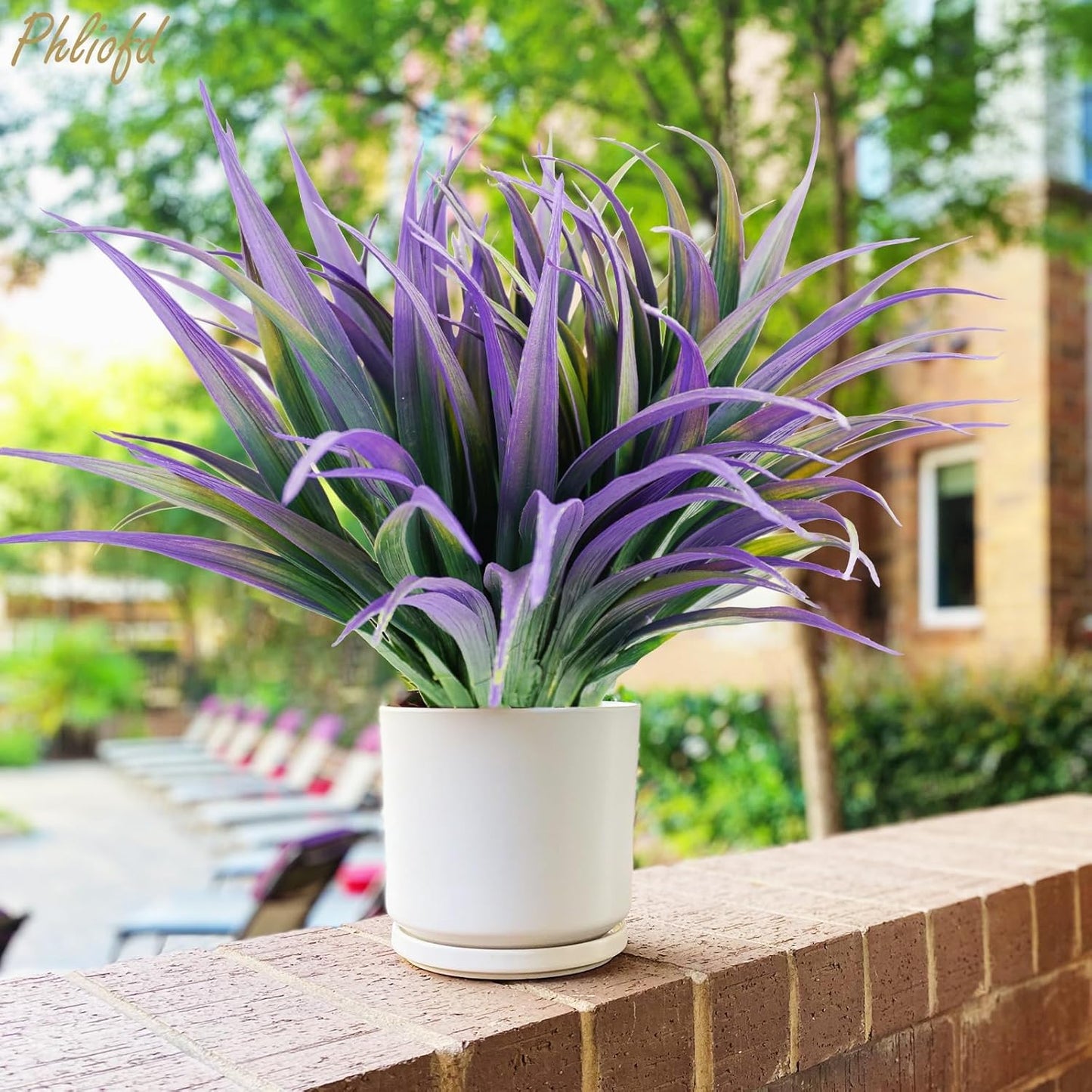 32Pcs Artificial Grass Fake Plants 17.3in Outdoor Plants UV Resistant Faux Greenery Stems Fake Grass for Home Window Garden Office Patio Pathway Front Porch Halloween Décor Green & Purple