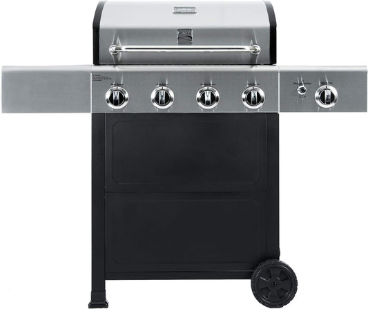 Kenmore 4-Burner Gas Grill with Side Burner, Outdoor BBQ Grill, Propane Gas Grill, Cast Iron Cooking Grates, Electronic Ignition, Warming Rack, Open Cart Design, 53000 BTUs, Stainless Steel and Black