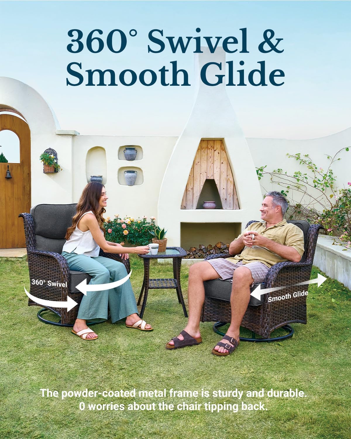 HILLGA Luxury Outdoor Swivel Rocker Patio Chairs of 2 with 6 Inch Thick Cushions and Side Table, Swivel Outdoor Chairs 5PCS High Back Wicker Patio Furniture Set for Porch, Balcony, Deck in Dark Grey