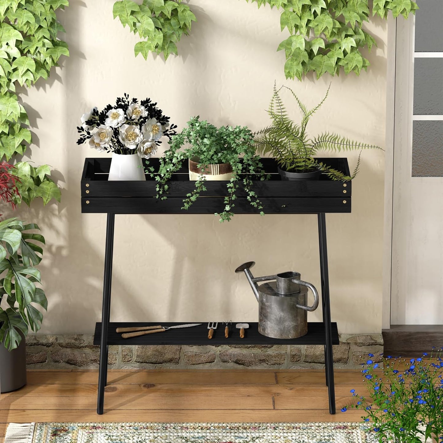 BAMBANG Bamboo Plant Stand Indoor, 2 Tier Small Plant Table, Tall Plant Stand for Indoor Plants, Window Sill Plant Shelf, Flower Pot Holder Plant Bench Plant Rack for Living Room Outdoor, Black