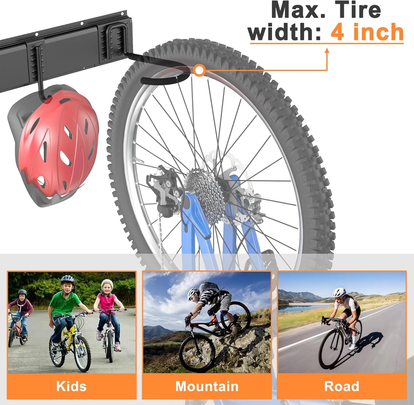 TORACK Wall Mounted Bike Storage Rack, Vertical Bikes Storage for Garage 5 Bikes Hangers for Wall, Modular Bicycle Storage Rack(3 Rails, 8 Hooks)