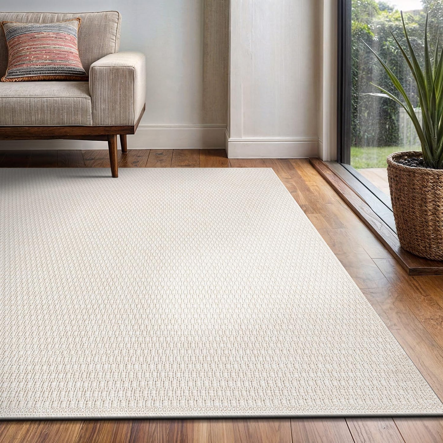 Easy Jute Rug 6x9 Indoor Outdoor Natural Rugs Solid Fiber Rug Woven Area Rug Boho Easy Clean Inside Carpet for Living Room Bedroom Dining Room Hallway or Outdoor Patio Porch (6 X 9 Bone)