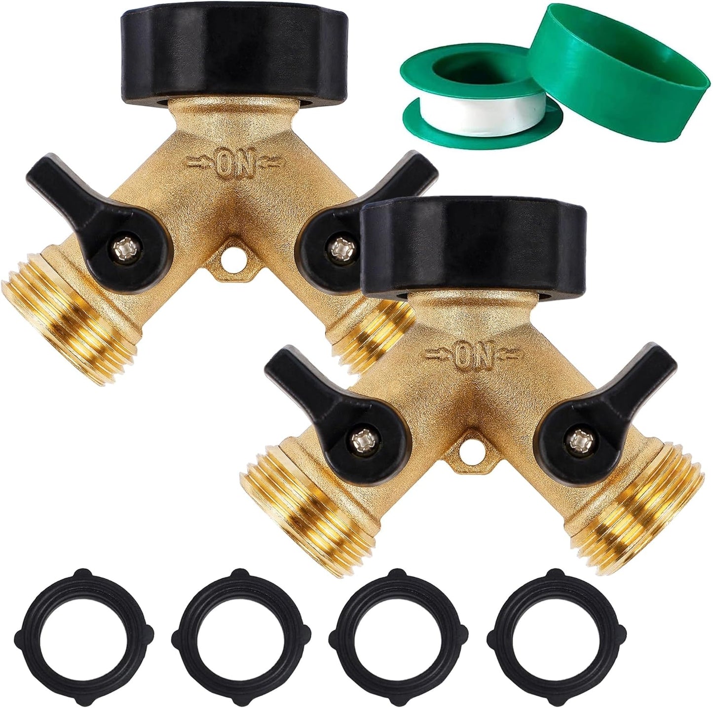 Biswing 2 Pack Garden Hose Splitter 2 Way, Heavy Duty Brass Connector Tap Splitter, Y Splitter 2 Valves with 4 Extra Rubber Washers