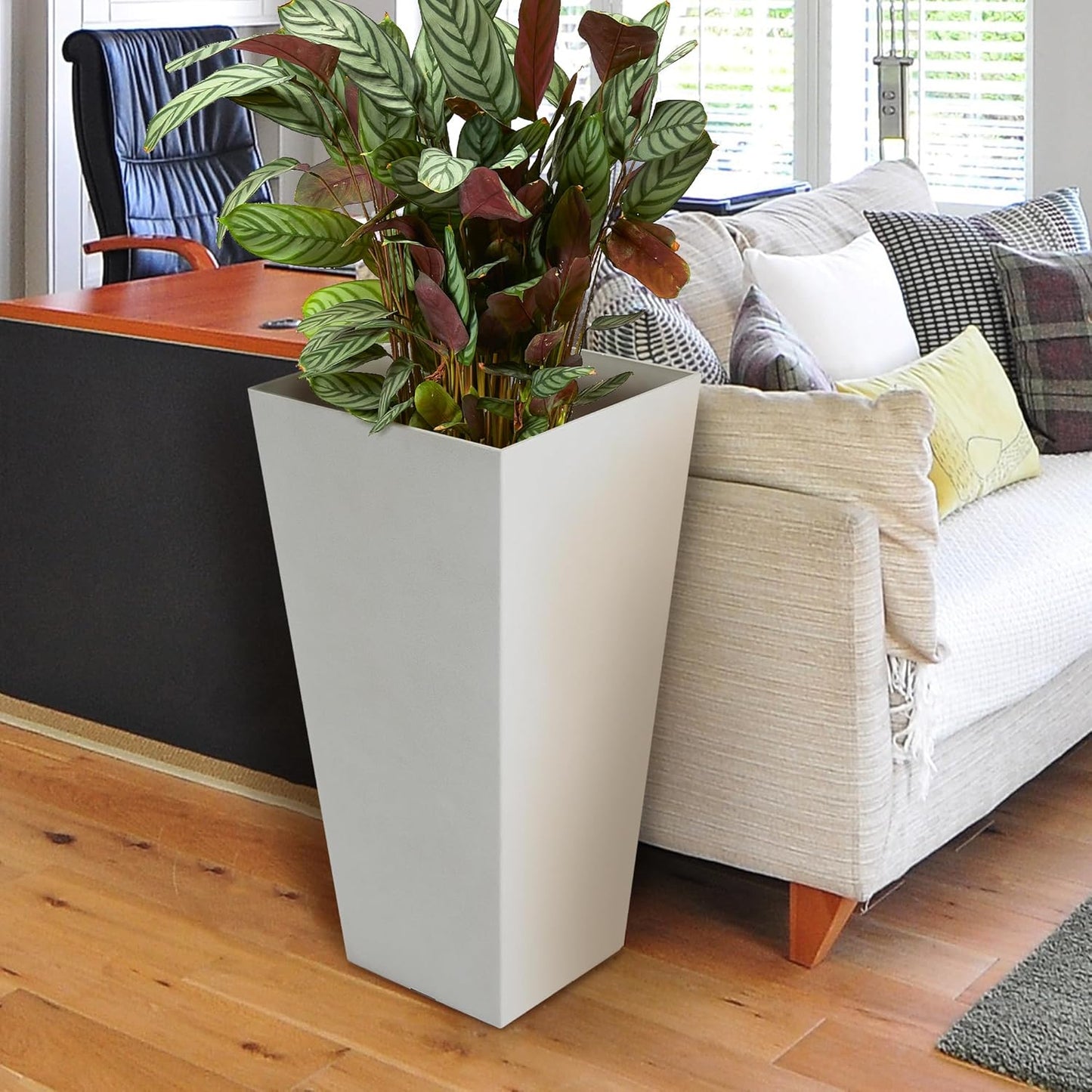 Worth Garden 2-Pack White Matte Texture Square Tapered Planter - 25.5" H. Tall Plastic Plant Pots with Drain Hole for Indoor Outdoor - Modern Decorative Flower Pots for Front Porch, Patio, Deck