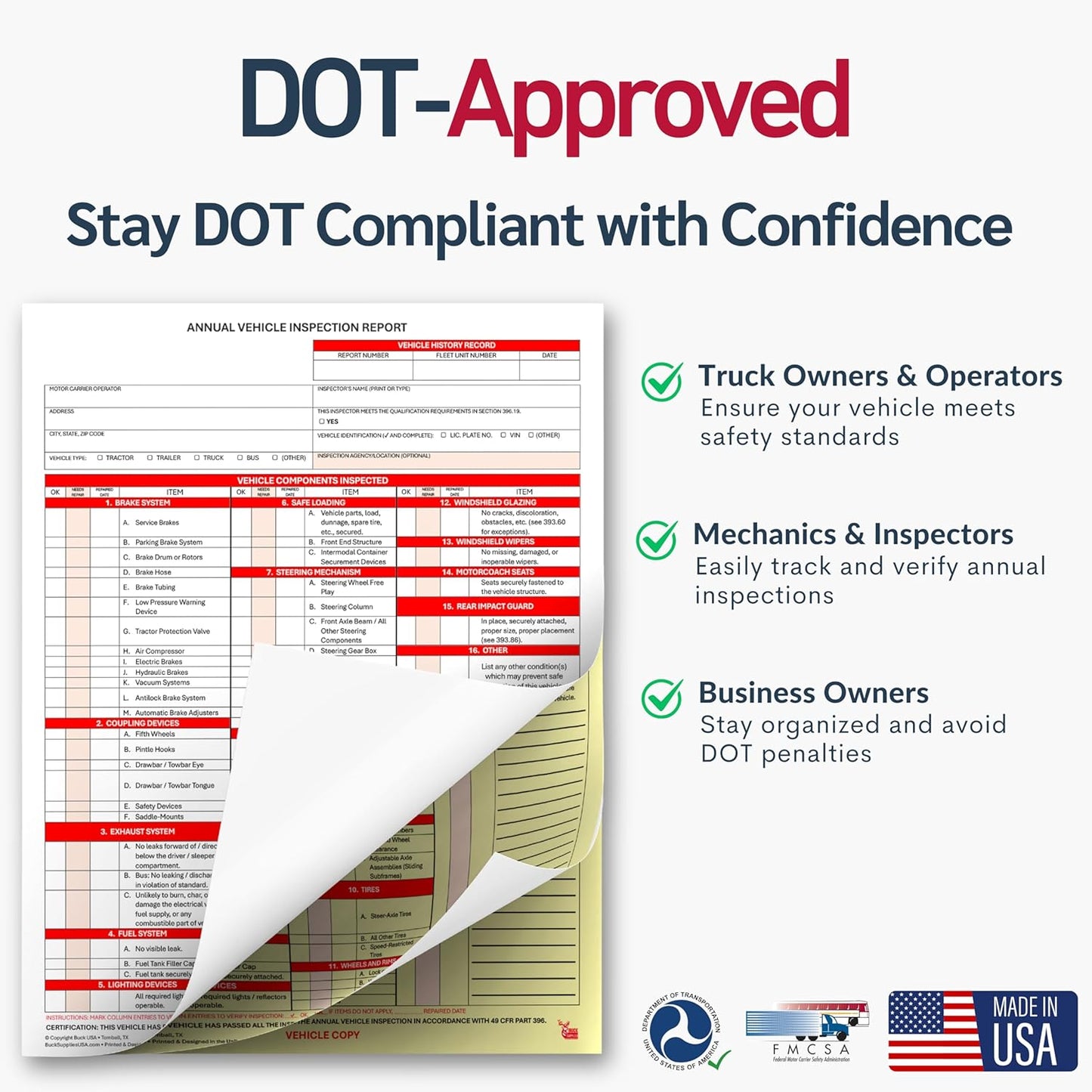 5 Pack 3-Ply Carbonless Annual Vehicle Inspection Report Forms with FMCSA 2-Ply Mylar Laminate Adhesive Vinyl Labels, DOT Inspection Forms and Stickers, Shrink-Wrapped, 8.5" x 11.75" - Made in USA