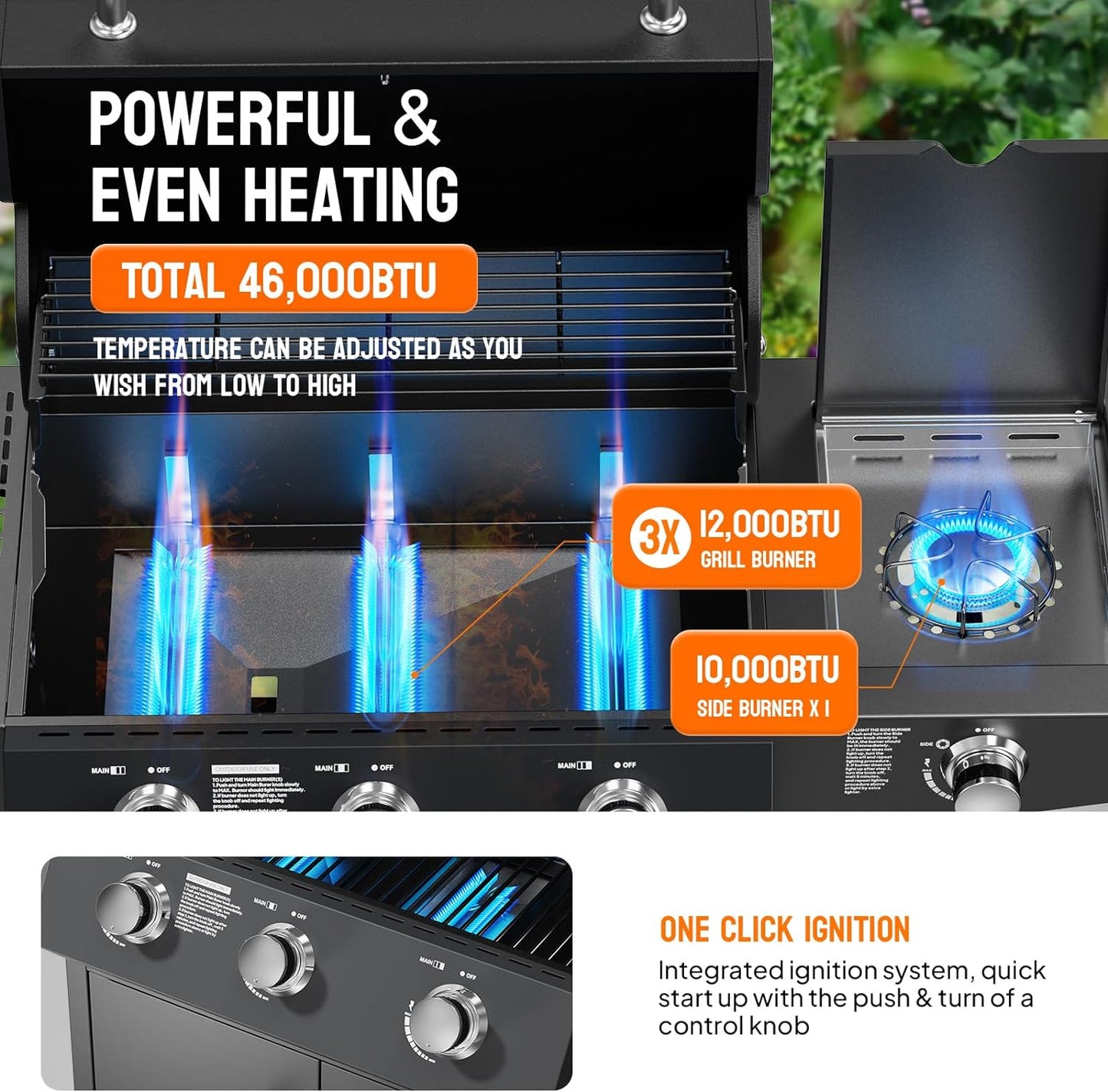 ROVSUN 3 Burner Propane Gas Grill with Side Burner, 46,000BTU BBQ Grills with Enameled Cast Iron Grates, Shelf & Cabinet for Outdoor Garden Patio Backyard Barbecue Cooking