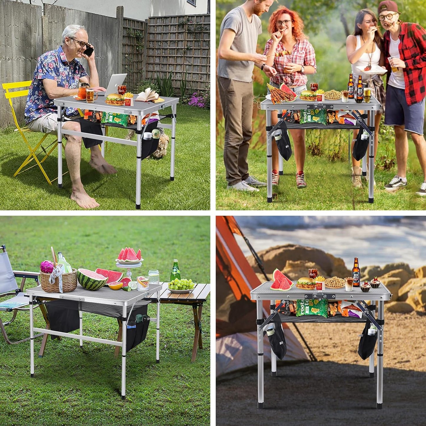 Nice C Square Table for Grill, Folding Table, Camping Table, Outdoor Table, Card Table, Height Adjustable, Mesh Bag Lightweight, Carry Handle, Aluminum (23.6"x23.6" White)