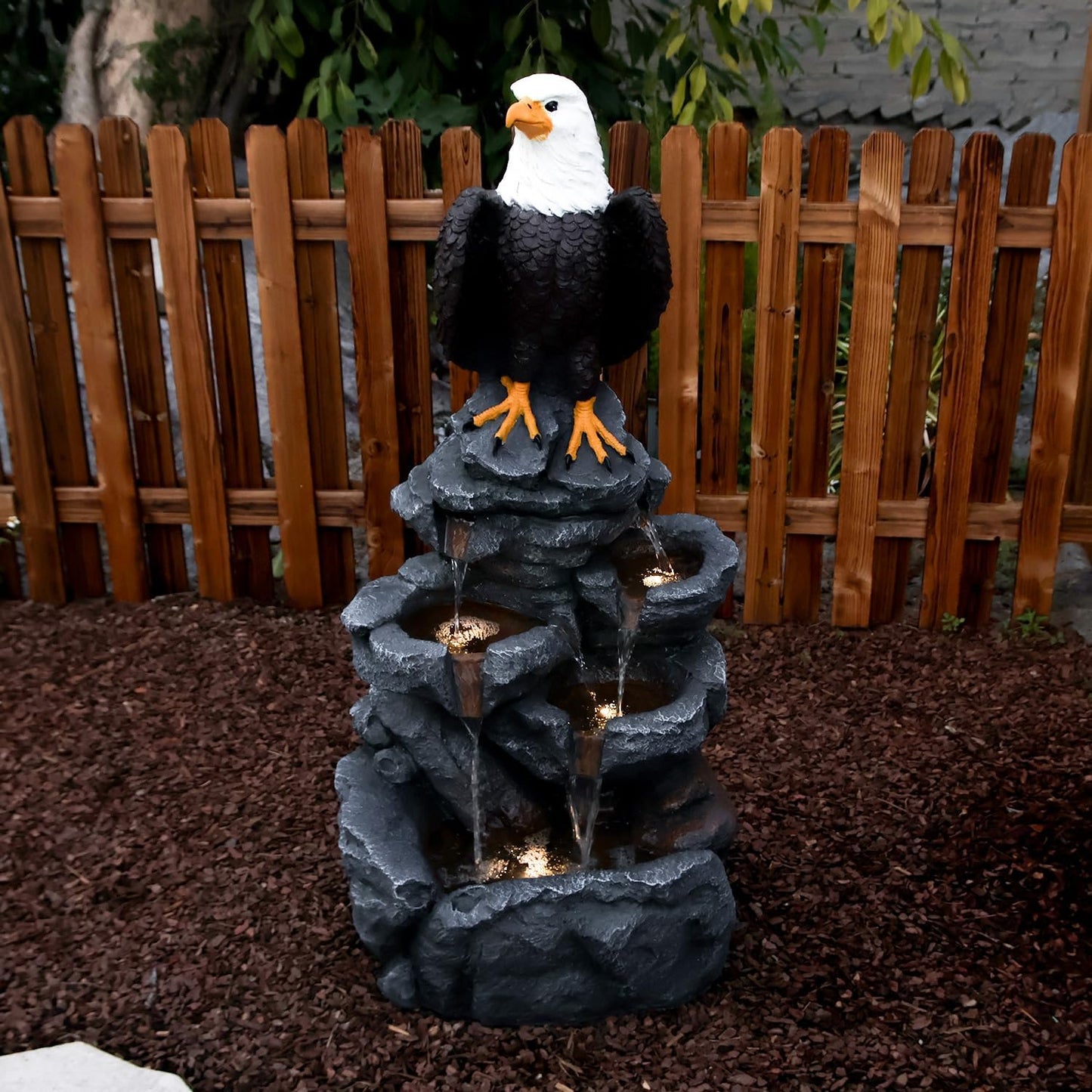YZM Bald Eagle Statue Outdoor Fountain Tiered Cascading Rock Water Fountain Outdoor Garden Waterfall Decor for Garden Patio Backyard Deck Porch Outside Water Feature 39.76" H