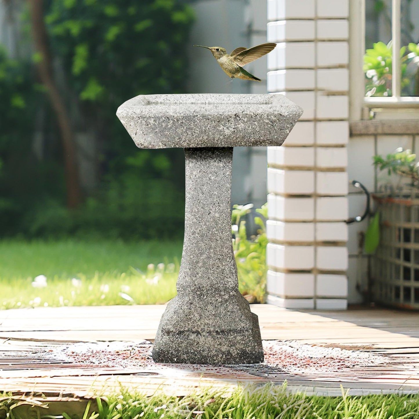watnature Freestanding Birdbaths Outdoor - 15”Dia.X 22.8”Tall Concrete Standing Garden Bird Bath Feeder Bowl with Pedestal, Modern Outdoor Birdbath for Patio, Yard, Lawn Decor, Bird Bathing&Feeding
