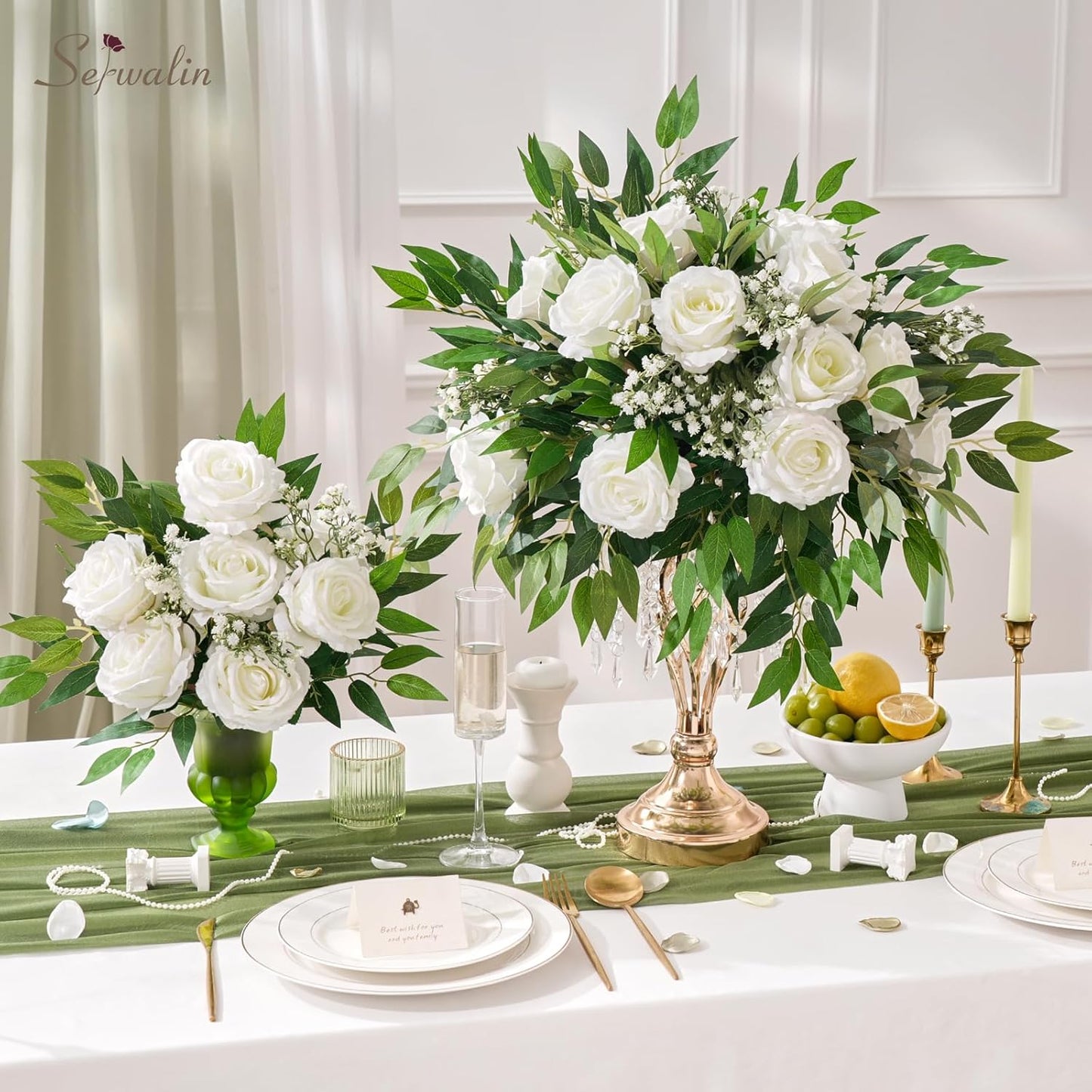 Serwalin 50pcs Artificial White Roses, 4'' Velvet Flower Head Fake Roses Bulk, Real Touch Silk Roses Realistic Bouquet Long Stems Wedding Home Decor and Table Centerpiece