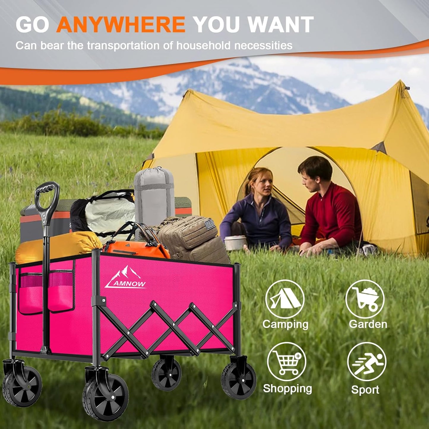 Collapsible Folding Wagon Cart, 350LBS Utility Large Capacity Cart Foldable Wagon with All Terrain Wheels, Grocery Wagons Carts for Garden Shopping Sports Camping, Rose