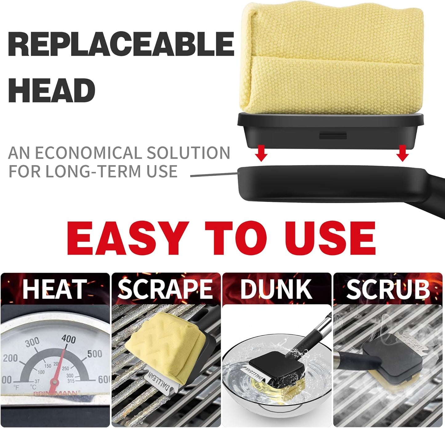 BBQ Grill Brush Bristle Free(2Heads) for Outdoor Grill, Trapezoid- Shaped Design Replaceable Head Cleaning Brush, Steam Grate Cleaner, BBQ Cleaning Brush, Scraper for Grill, Safe Barbecue Grill Brush