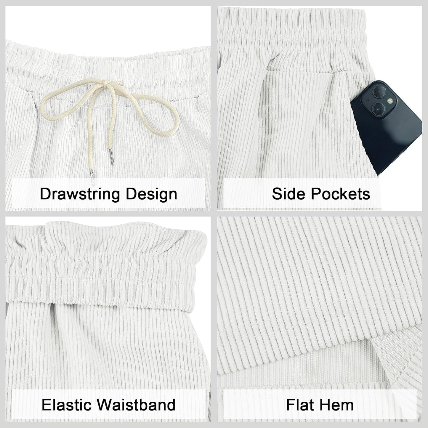 Mens Cargo Shorts Casual Drawstring Elastic Waist Corduroy Summer Beach Shorts with Pockets