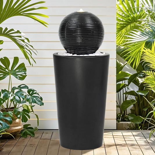 30" H Ceramic Sphere Water Fountain with LED Light, Modern Minimalist Design, Black Glaze with White Pebbles, Soothing Trickling Water Feature, Adding Artistic Charm & Tranquil Ambiance