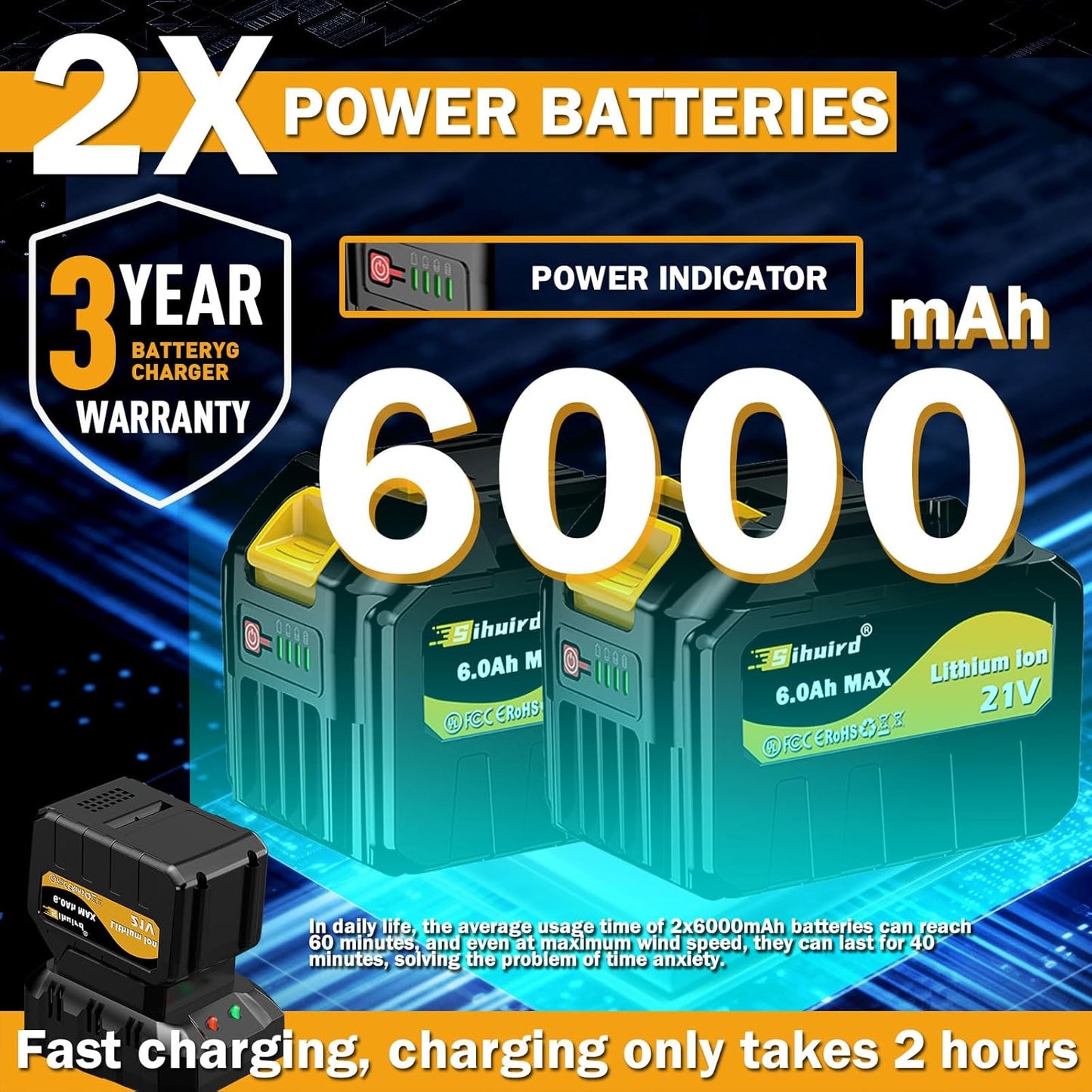 Leaf Blower Cordless,720CFM 210MPH Electric Blower with 2 x 21V 6.0Ah Battery and Charger, 5-Variable Speed & Turbo Mode, Blowers for Lawn Care (E 5003) (Black Yellow)