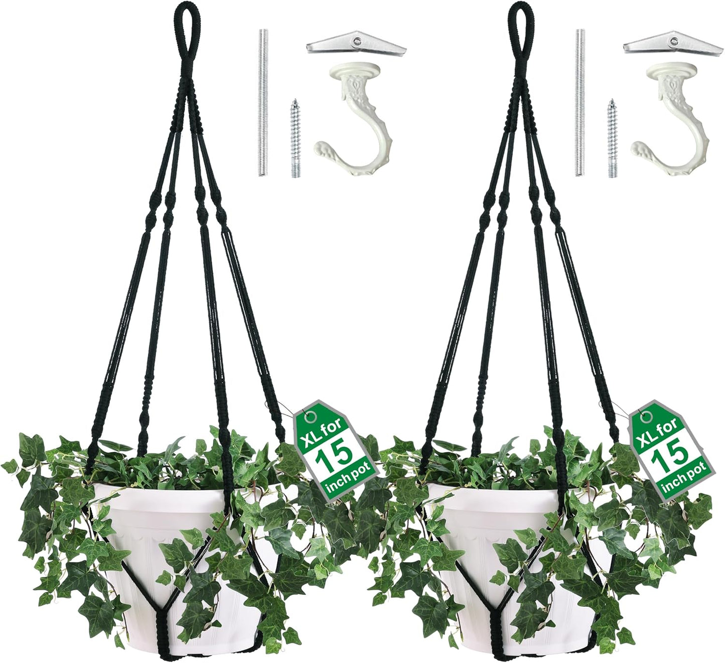 2 Pack Giant XXL 55 Inches Macrame Planter Hanger Large for 15 inch Pot + Swag Hook | Extra Large Hanging Planter for Indoor Plants | No Pot/Plant Included (XXL Black)