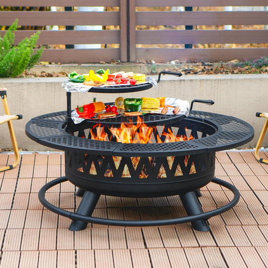 42 Inch Fire Pit with 2 Grills, Large Outdoor Firepits for Outside, Wood Burning Fireplace for Camping,Picnic,Bonfire, 3-in-1 Round Metal Table with Lid for Backyard,Patio,Party