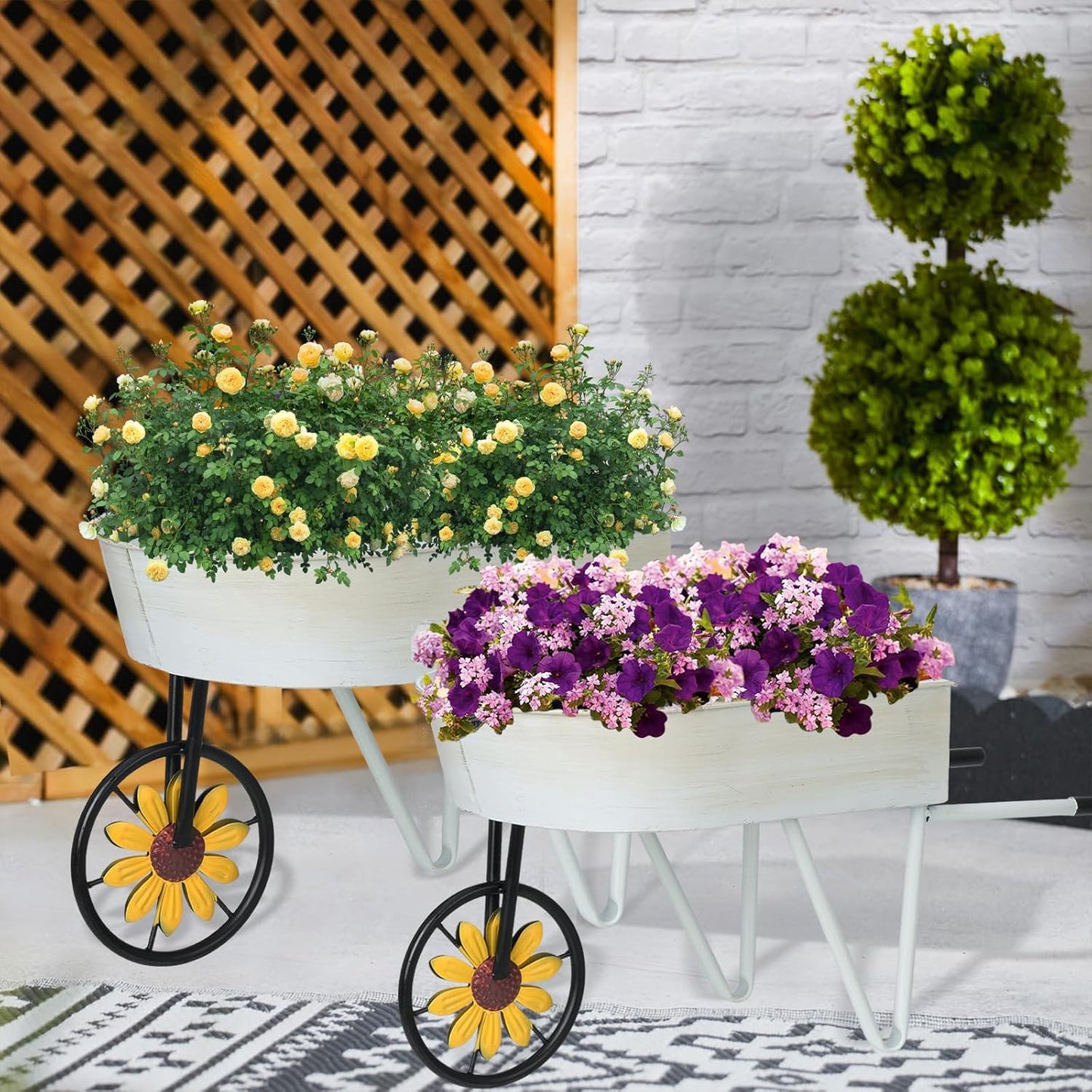 BAYN Metal Wheelbarrow Flower Cart Planter, 2 Packs Plant Stands with Triangular Support Handles Non-Rolling Wheel Vintage Wagon Planter Pots for Home Patio Garden Backyard Rustic Outdoor Decor
