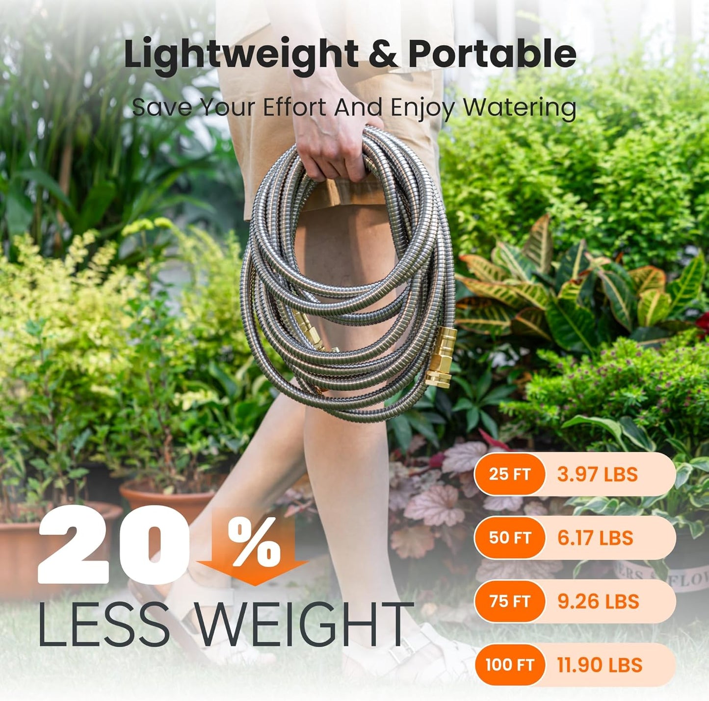 Girafe Tools Garden Hose 100ft x 5/8", 304 Stainless Steel Metal Water Hose, No Kink Garden Water Hose with 9 Pattern Spray Nozzle, Flexible, Lightweight, Kink Free Hose for Yard, Outdoor