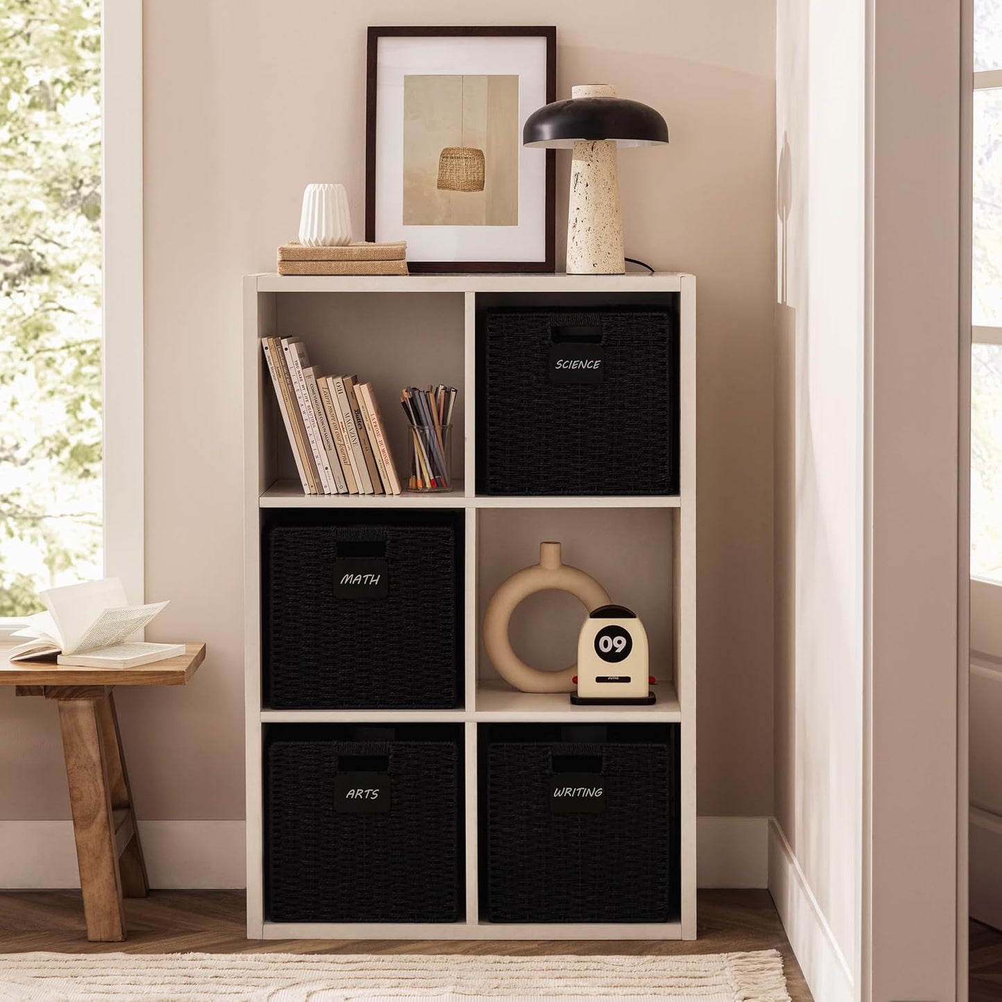 UBBCARE 2 Pack Wicker Basket, 13×13 Storage Cubes with Label, Foldable Cube Storage Bin with Handle, Square Storage Basket for Shelves, Woven Paper Rope Basket for Organizing, Black