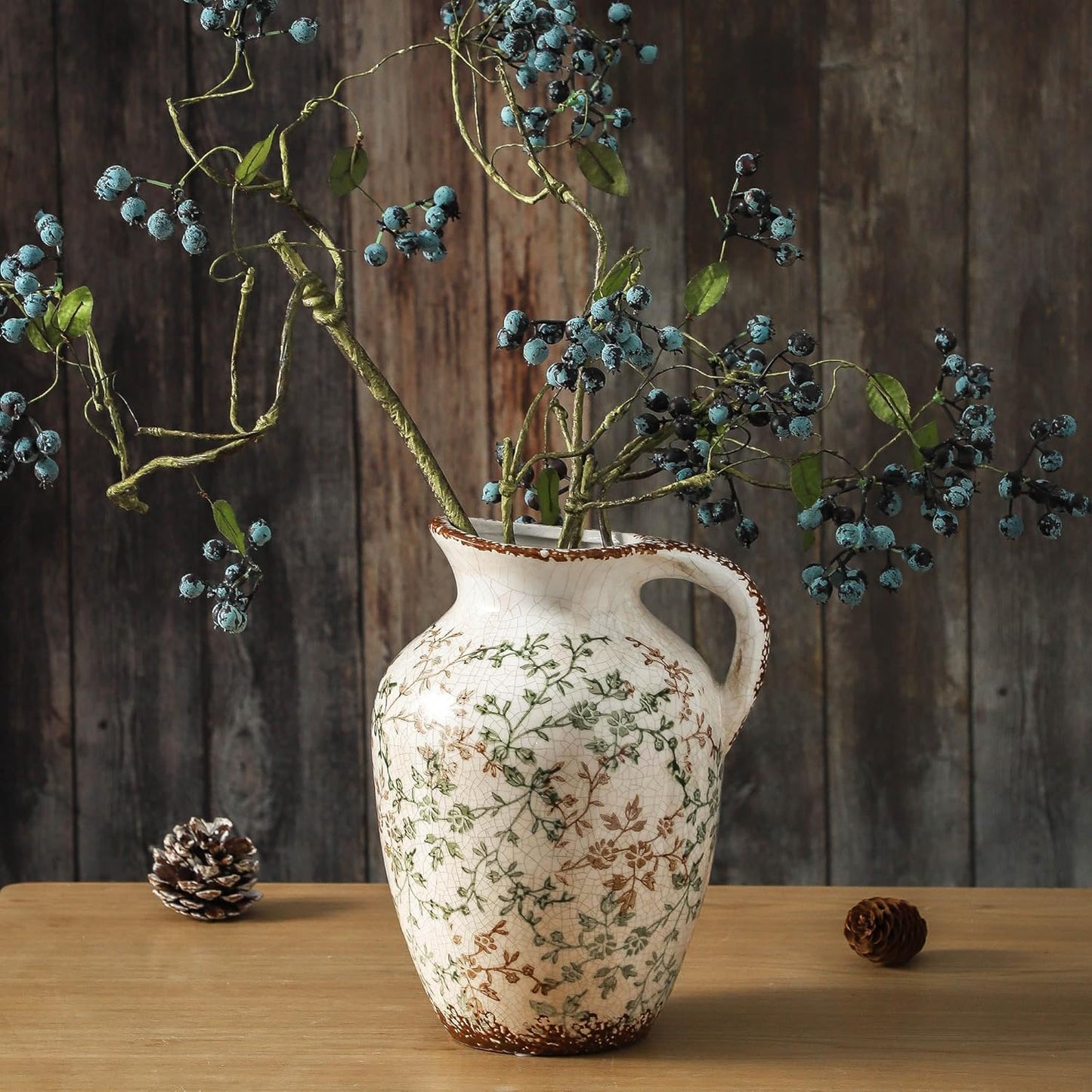 Enra Vintage vase,Ceramic Chinoiserie Floral Vase,Green and Beige Decorative Flower vase,Large Rustic Vases for Home Decors, Living Room, Bookshelf, Office，9.7 inch