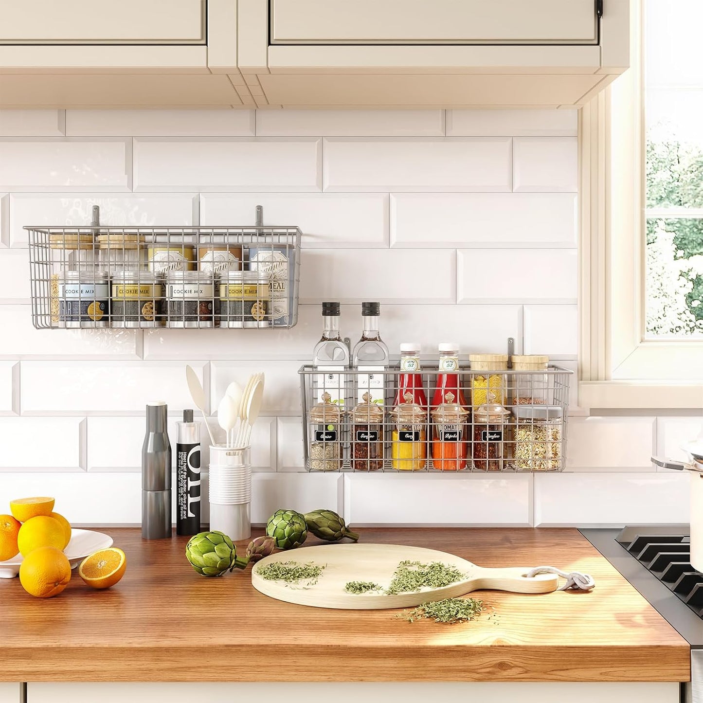 2 Sets Extra Large Hanging Wall Basket, Grey Metal Wire Baskets with Steel Hooks for Organizing, WallmountedFruit Vegetable Toy Snack Storage, Home Kitchen Bathroom Laundry Pantry Organizer