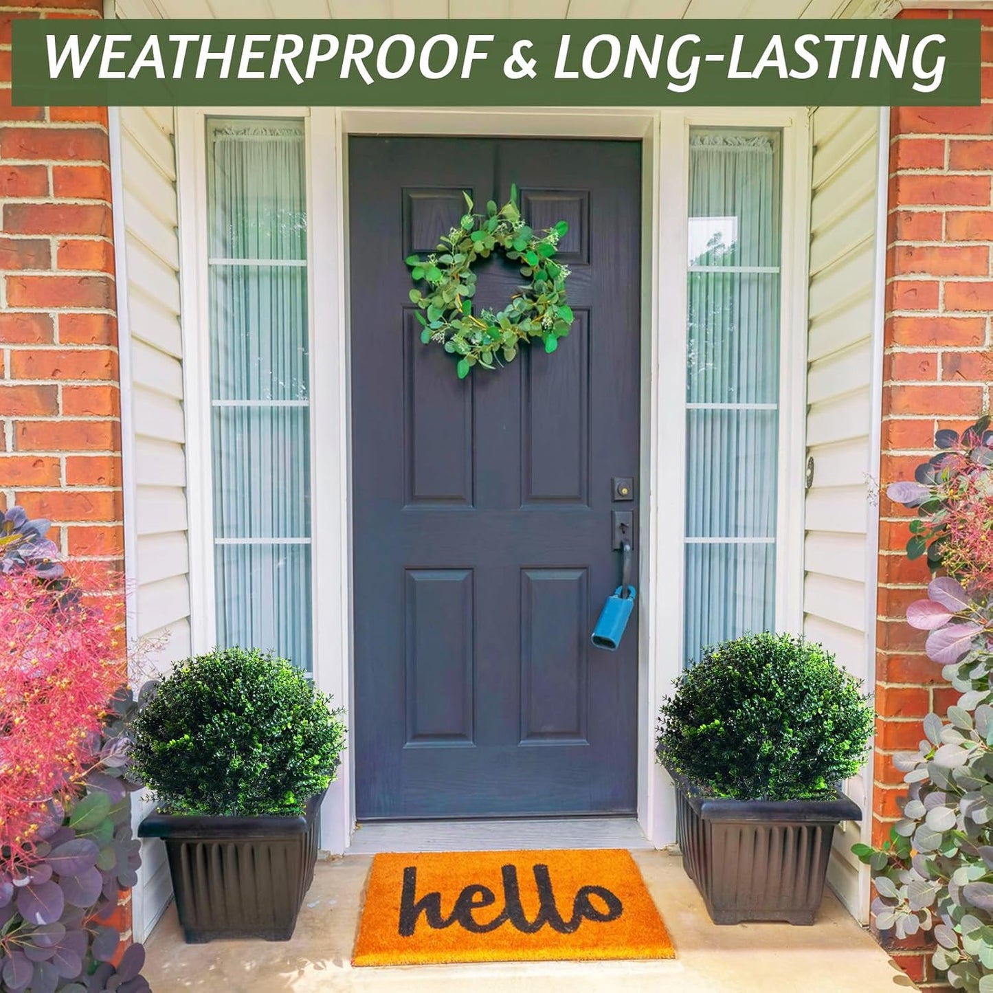 Yunlly 6 Pcs 18 Inch Artificial Boxwood Ball Topiary Tree Fake Outdoor Plants Bush, UV Resistance Faux Shrubs with Spike Realistic Greenery Potted for Indoor Garden Yard Porch Patio Decor (Dark Green)