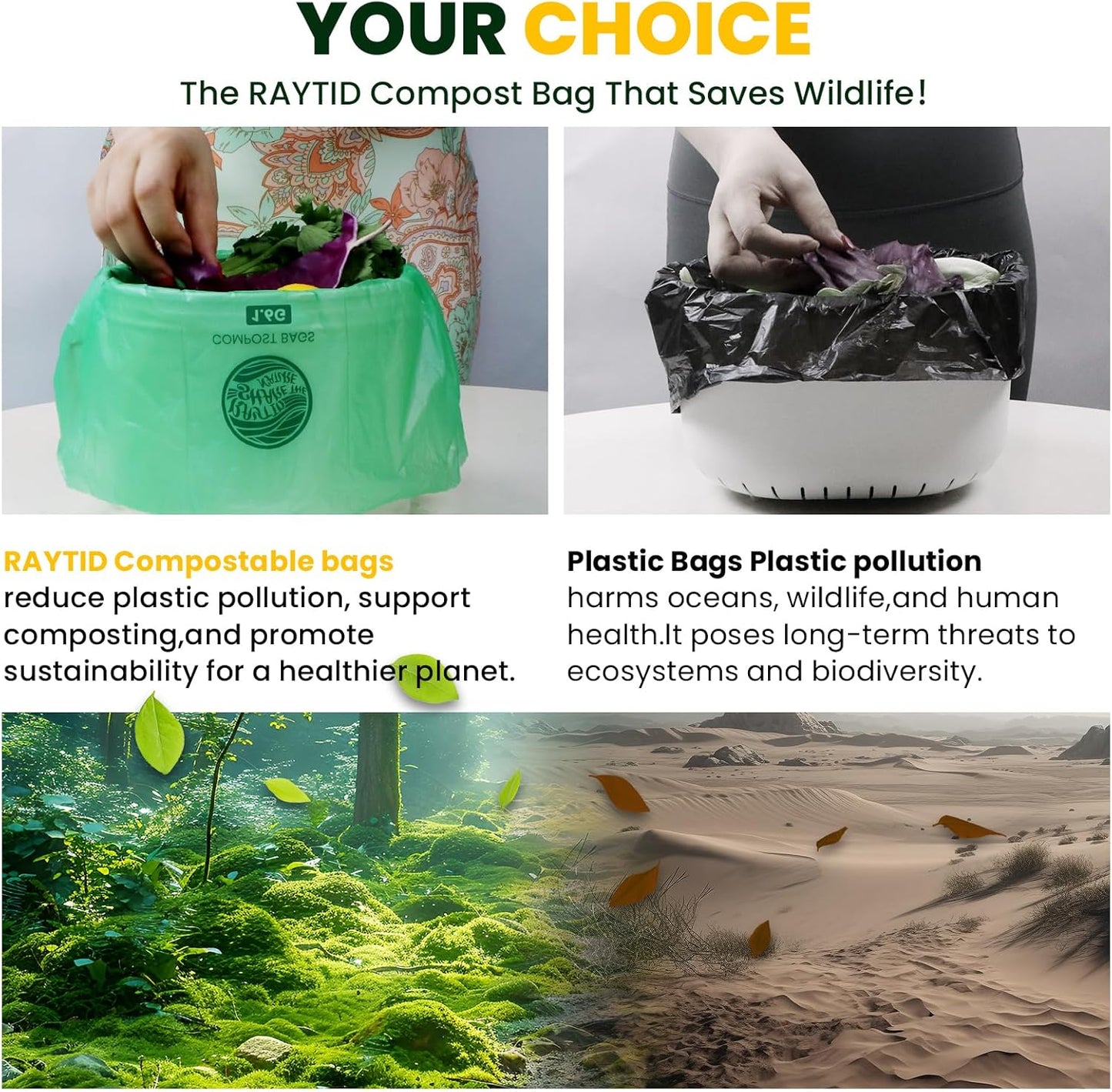 RAYTID 150 Counts 1.6 Gallon (1.6-1.75-2 Gal) Compost bin kitchen Bags, Fit 4.5,6,7,8 Liters,Strong compost bags for countertop bin,ASTM D6400, US BPI and Europe OK compost HOME certified