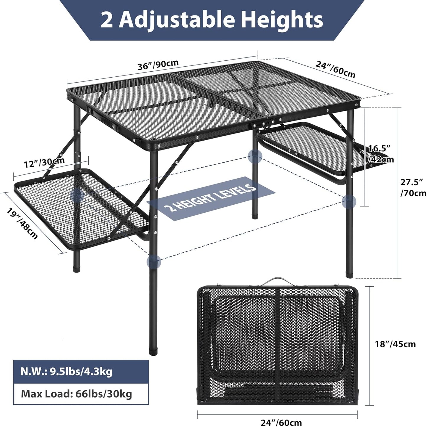 REDCAMP 36x24 Folding Grill Table for Outside with 2 Side Tables, Lightweight Portable Metal Aluminum Outdoor Grill Table with Adjustable Height Legs, Great for Camping Picnic Cooking BBQ, Black 3ft