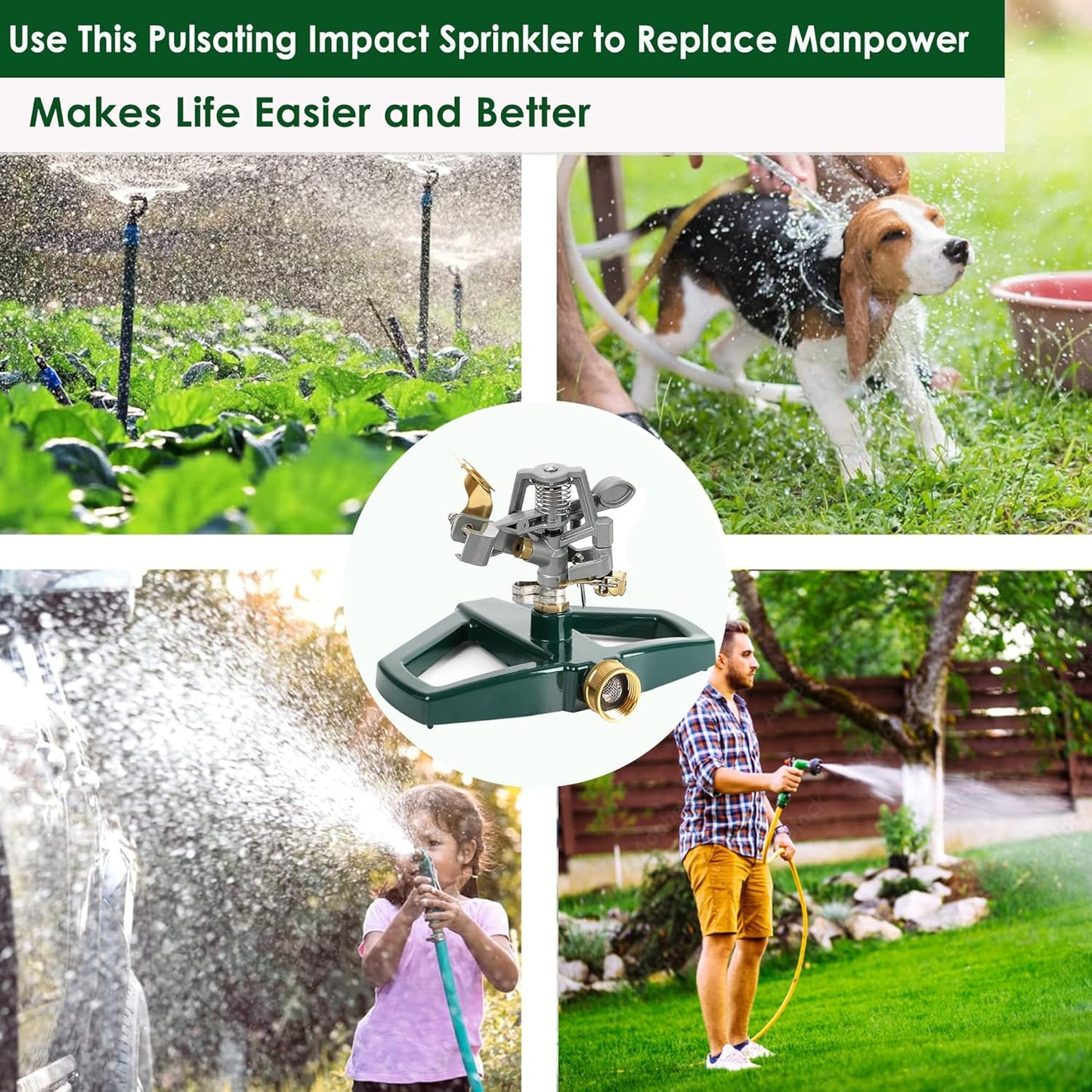 Heavy Duty Metal Pulsating Sprinkler for Yard - 360 Degree Roating Automatic Water Sprinkler for Lawn with Metal Base, Pulsating Impact Sprinklers for Large Area Covers Up to 85‘ Diameter
