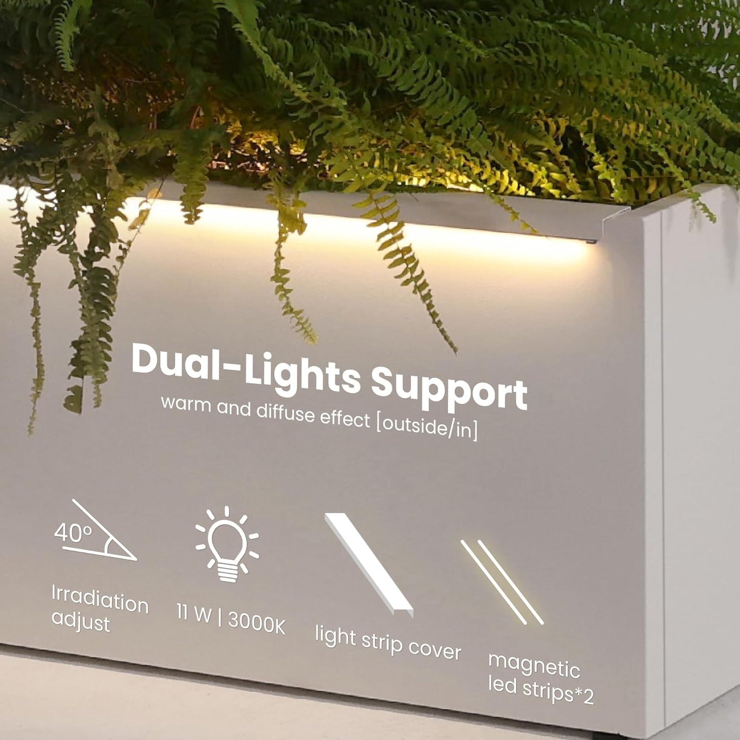 GSK White LED Metal Planter Boxes Outdoor Space LED Light Strips × 2 Durable and Stylish Rectanglular Raised Flower Trough with Drainage Holes Indoor Easy Assembly Garden Patio Balcony Porch