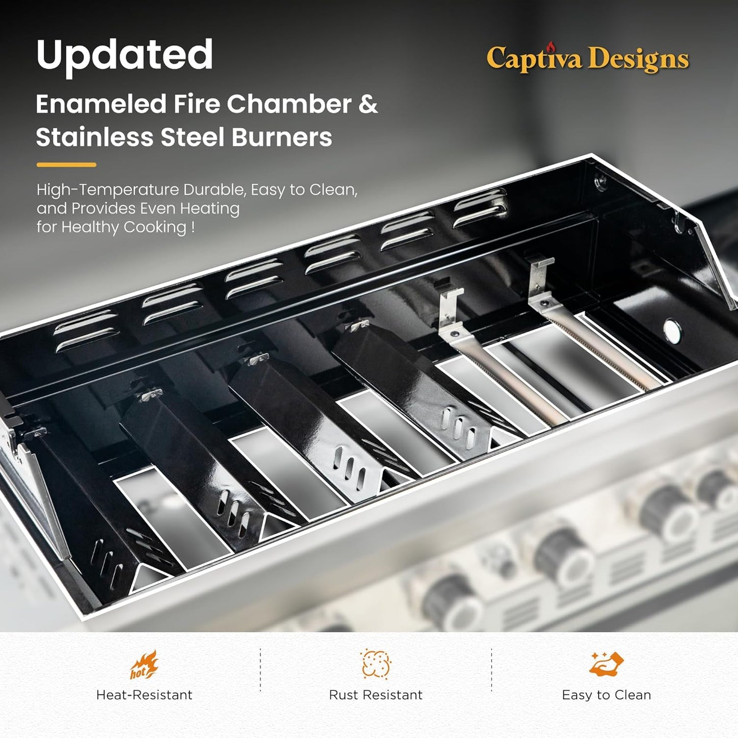 Captiva Designs 6-Burner Propane Gas BBQ Grill with Side Burner & Porcelain-Enameled Cast Iron Grate and Plate for Outdoor Barbucue Events, 52,000 BTU Output,740 SQ.IN. Cooking Area，Heavy Duty