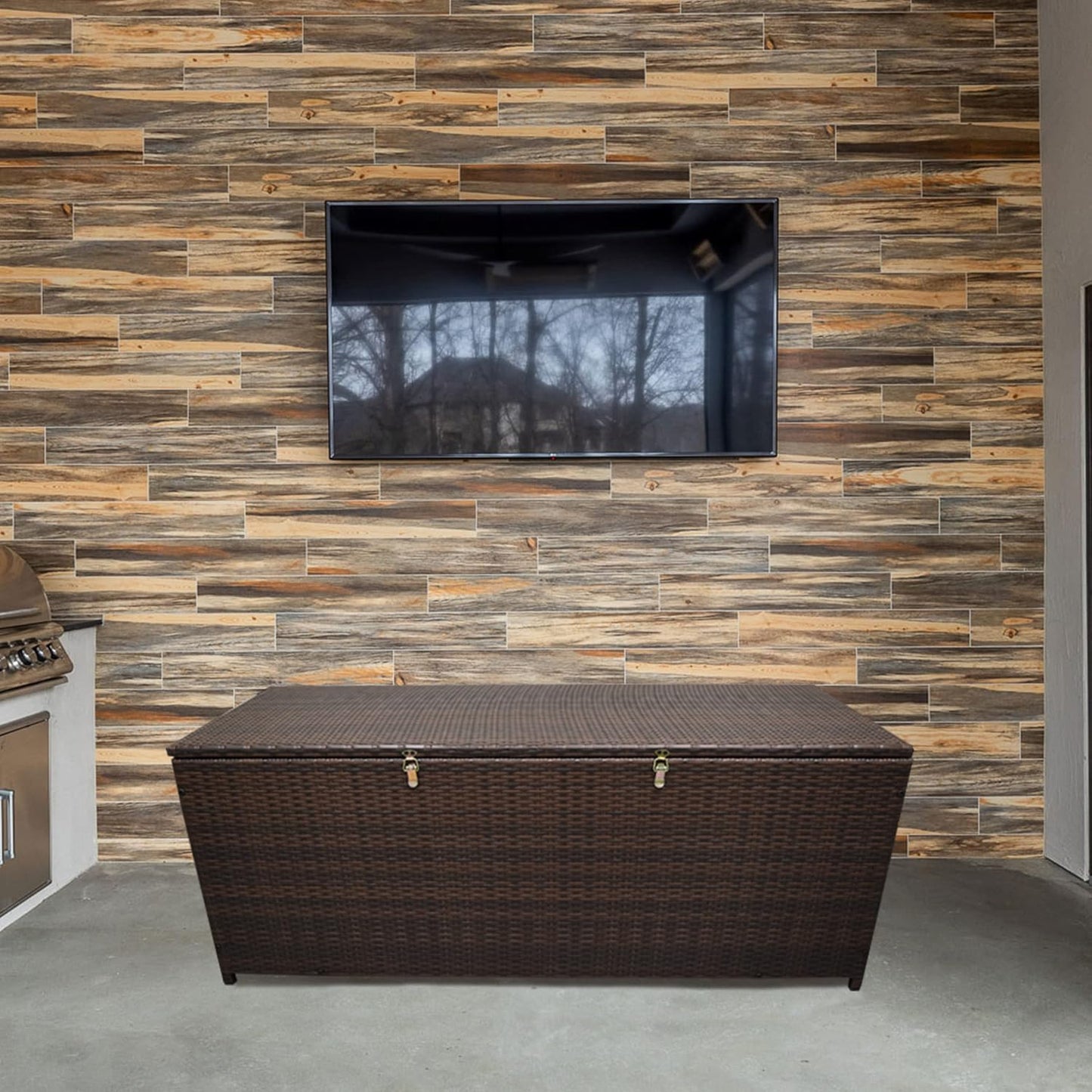 Oakland Living Brown Indoor and Outdoor Balcony Patio Deck Porch Pool 113 Gallon Wicker Storage Box Trunk Bin with Metal Frame