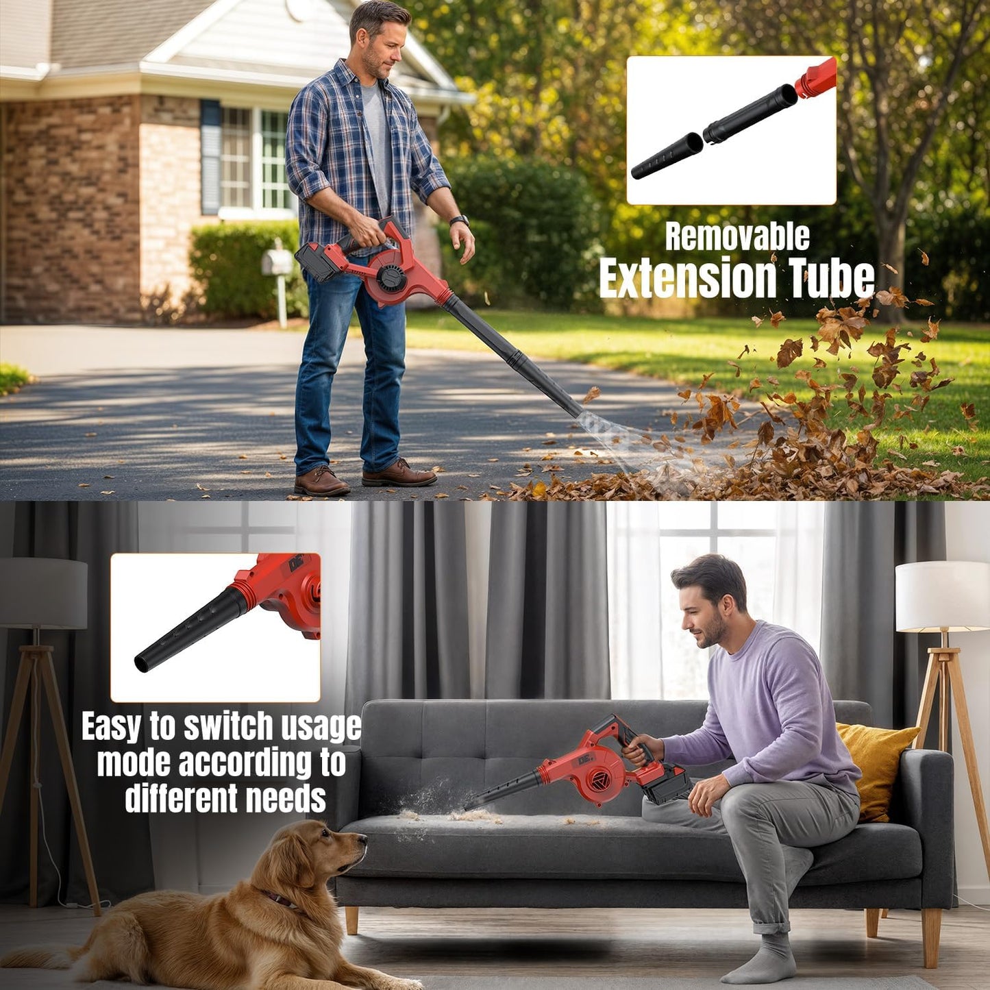 DeForce Cordless Leaf Blower for Milwaukee 18V Battery, 4 in 1 Blower/Vacuunm/Inflator/Deflator, Electric Mini Leaf Blower, 3 Speeds, 190 MPH with Extended Tube for Lawn Care(Bare Tool Only)